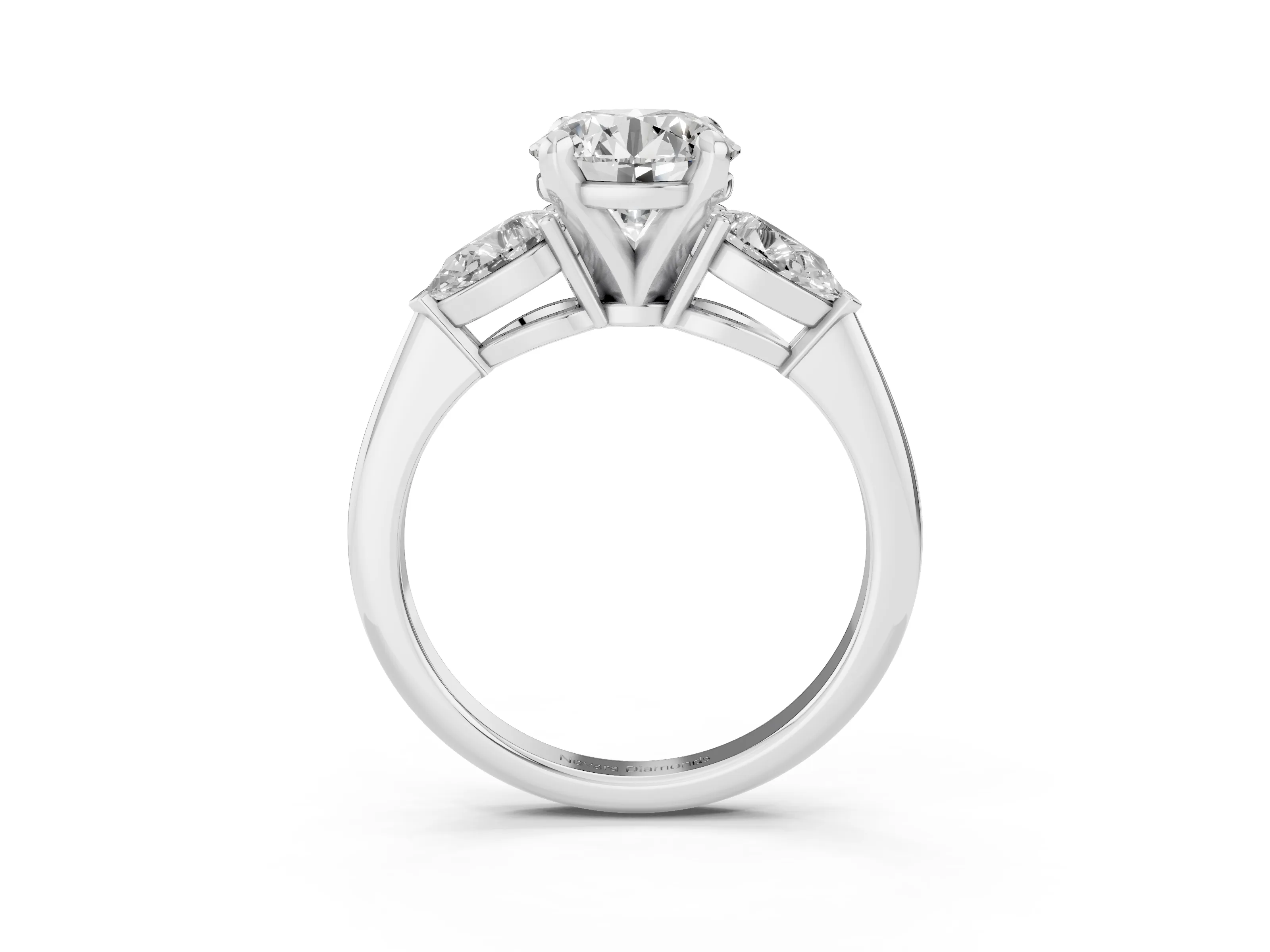 Three-Stone Round Cut Diamond Ring Set in Silver with Pear Side Stones and Prong Setting