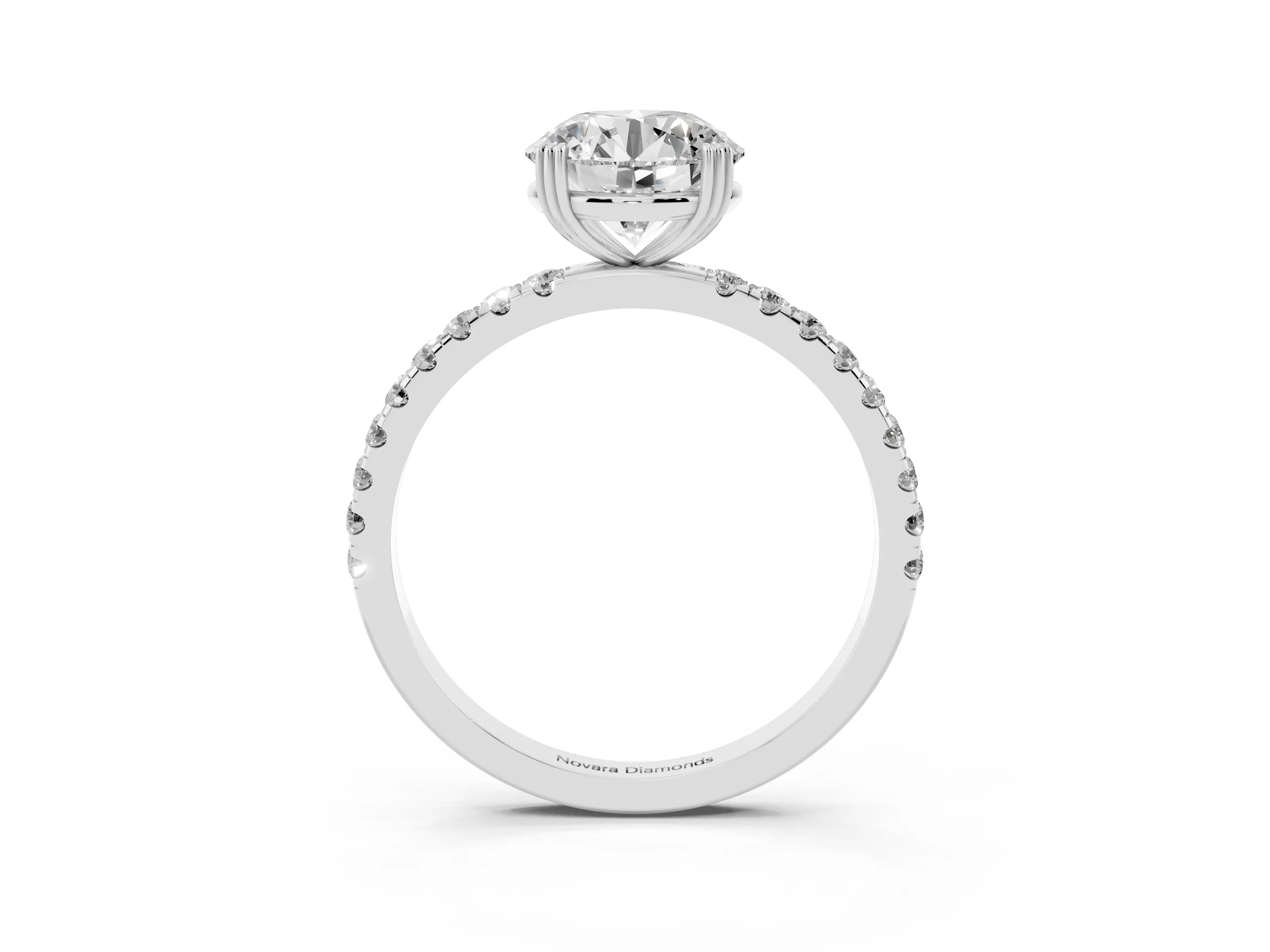 Round Cut Diamond Brilliant Solitaire Set in Silver with Pavé Band and Claw Prong Setting