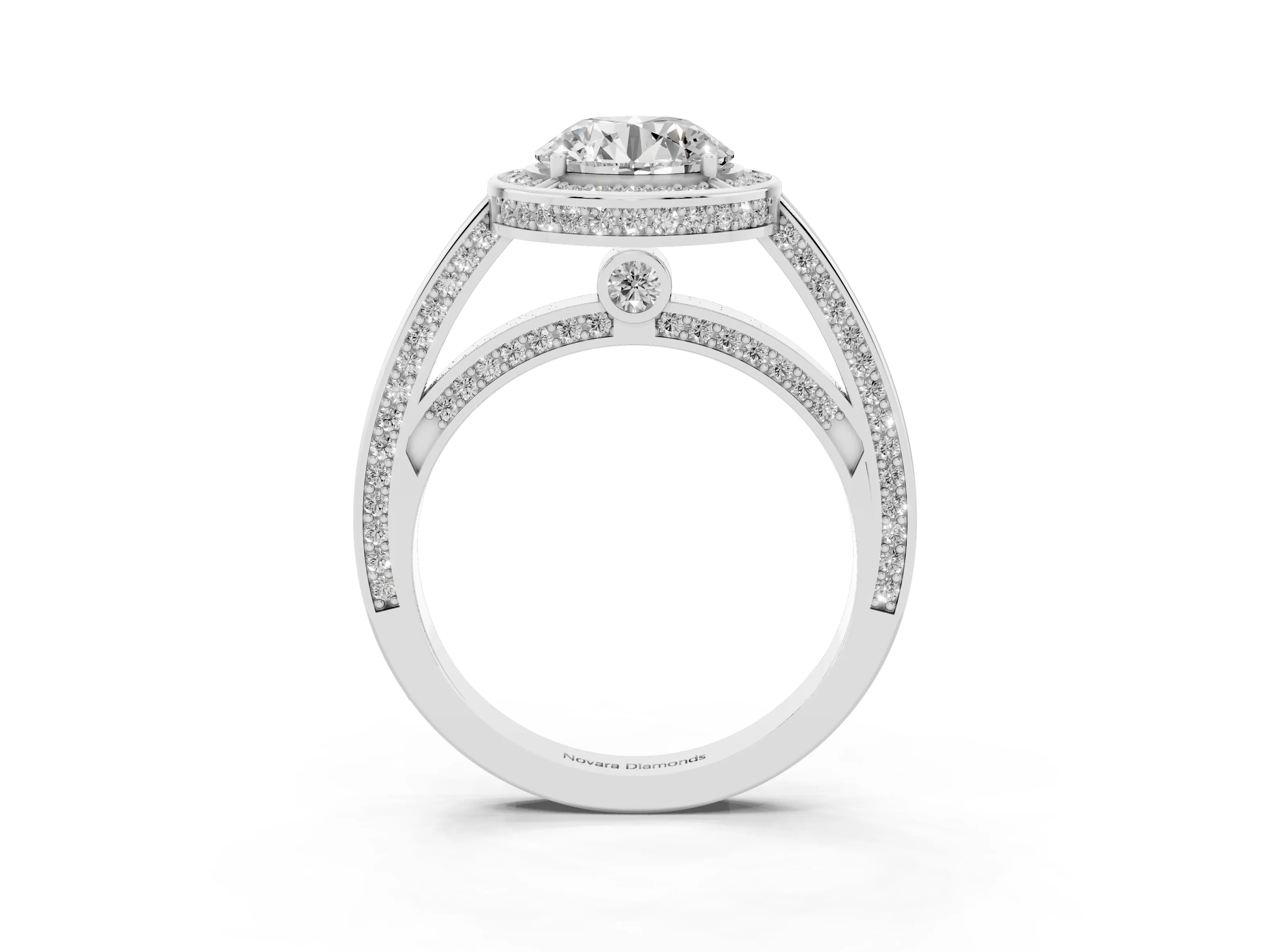 Round Cut Diamond Halo Pavé Split Shank Ring Set in White gold with Prong Setting