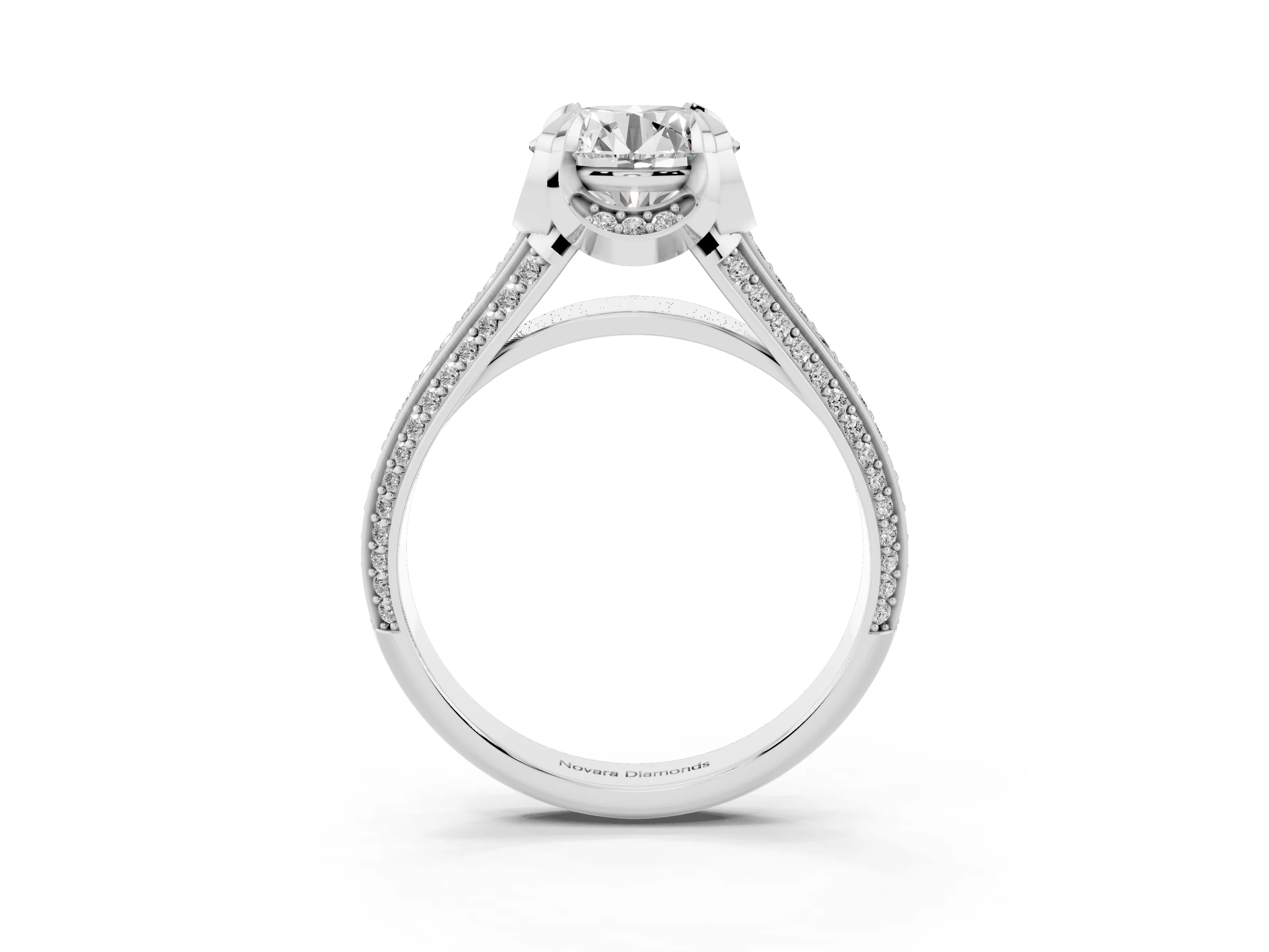 Round Cut Diamond Pavé Split Shank Solitaire Ring Set in White gold with Prong Setting