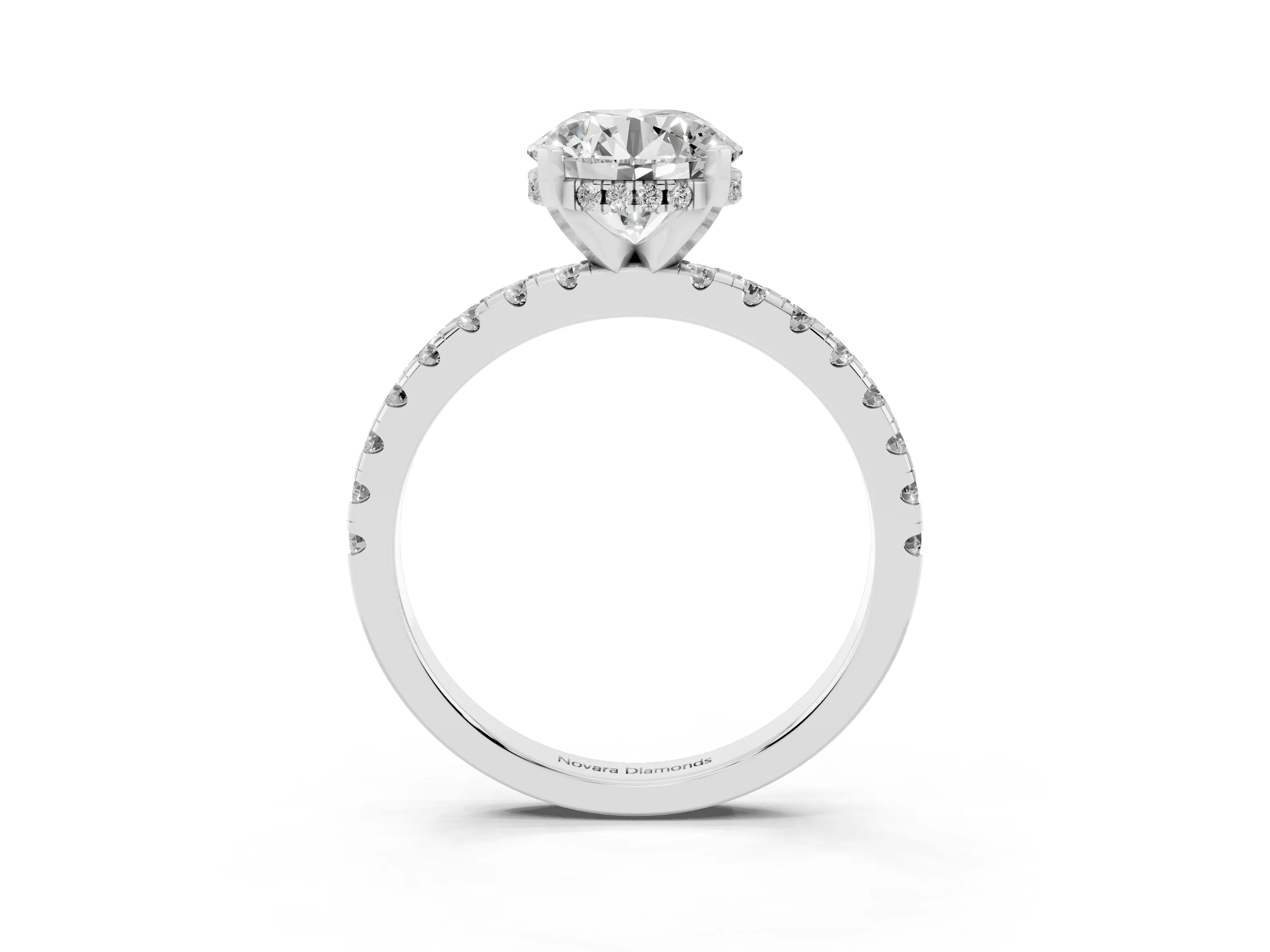 Round Cut Diamond Pavé Solitaire Ring Set in Silver with Round Band Accents and Prong Setting