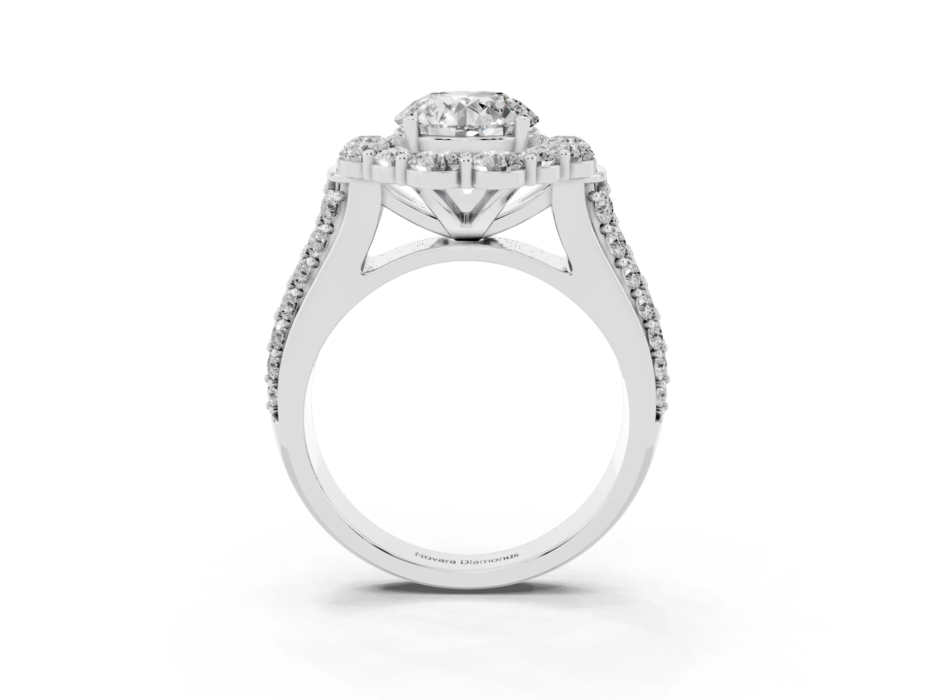 Round Cut Diamond Halo Engagement Ring Set in White gold with Split Shank and Prong Setting