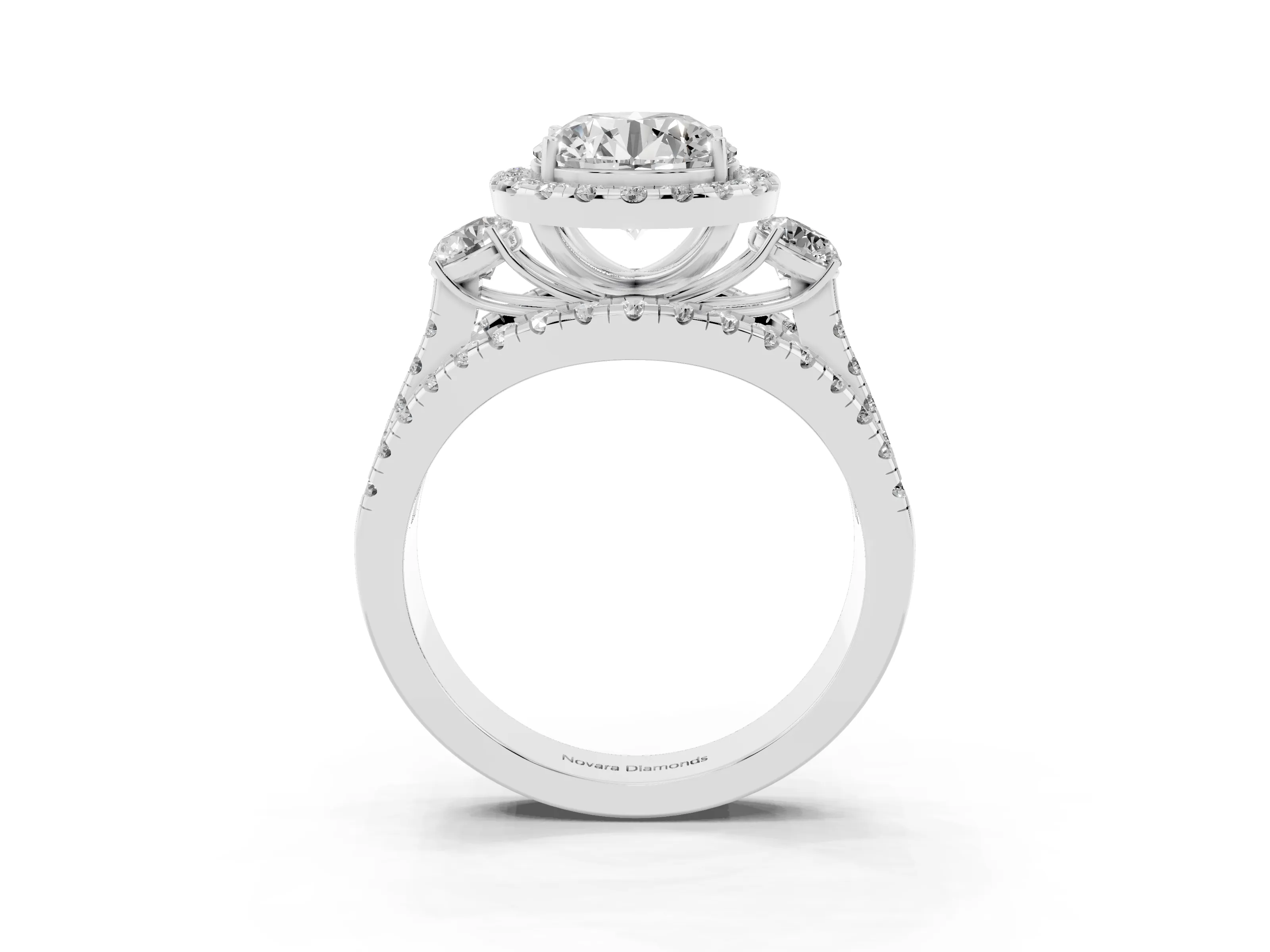 Round Cut Diamond Halo Split Shank Ring Set in Platinum with Round Accent Stones and Prong Setting
