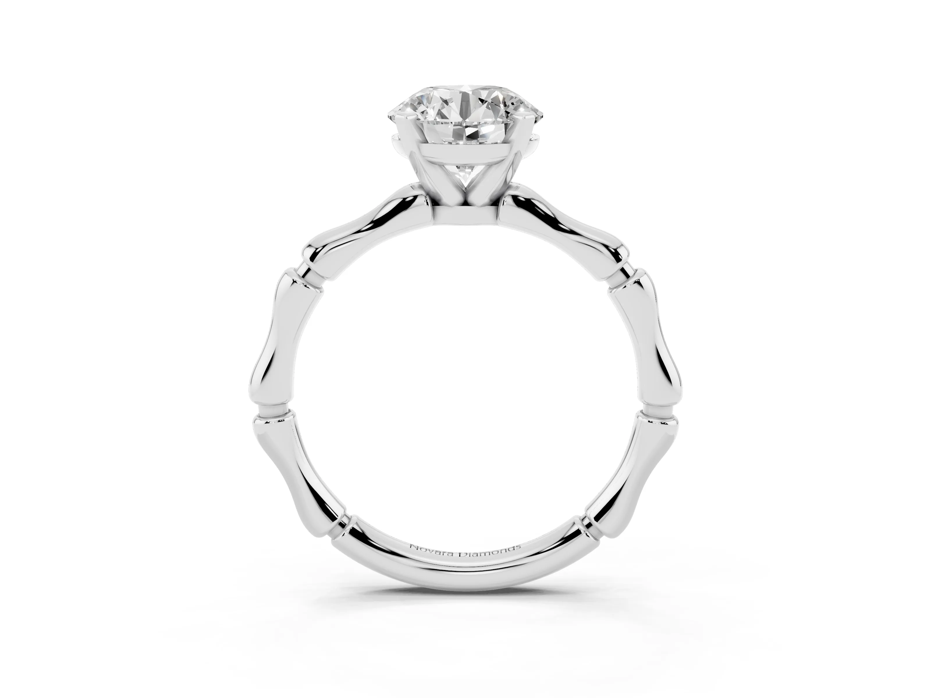 Round Cut Diamond Solitaire Ring Set in Silver with Bamboo Band and Prong Setting