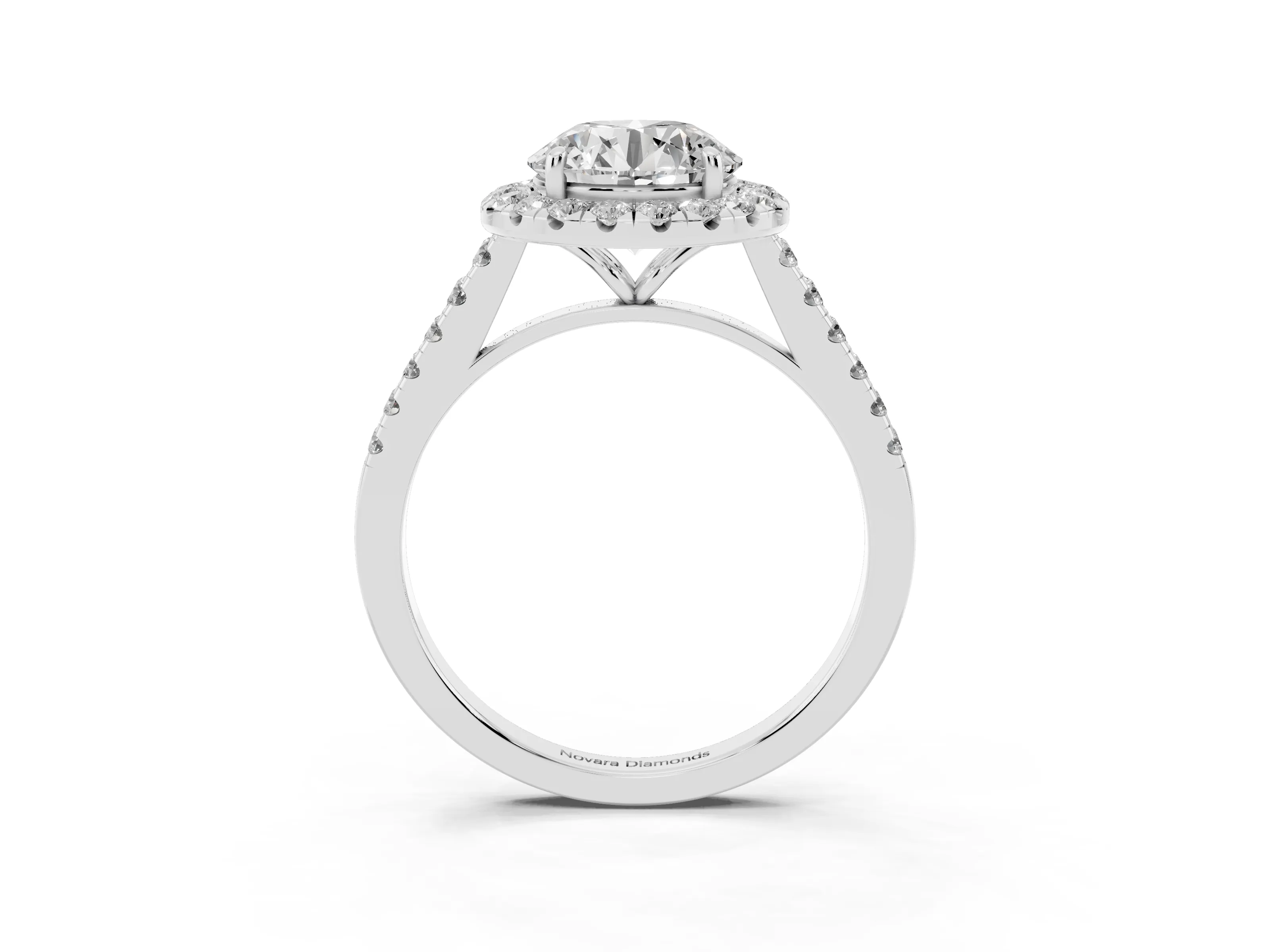Round Cut Diamond Halo Pavé Engagement Ring Set in White gold with Prong Setting