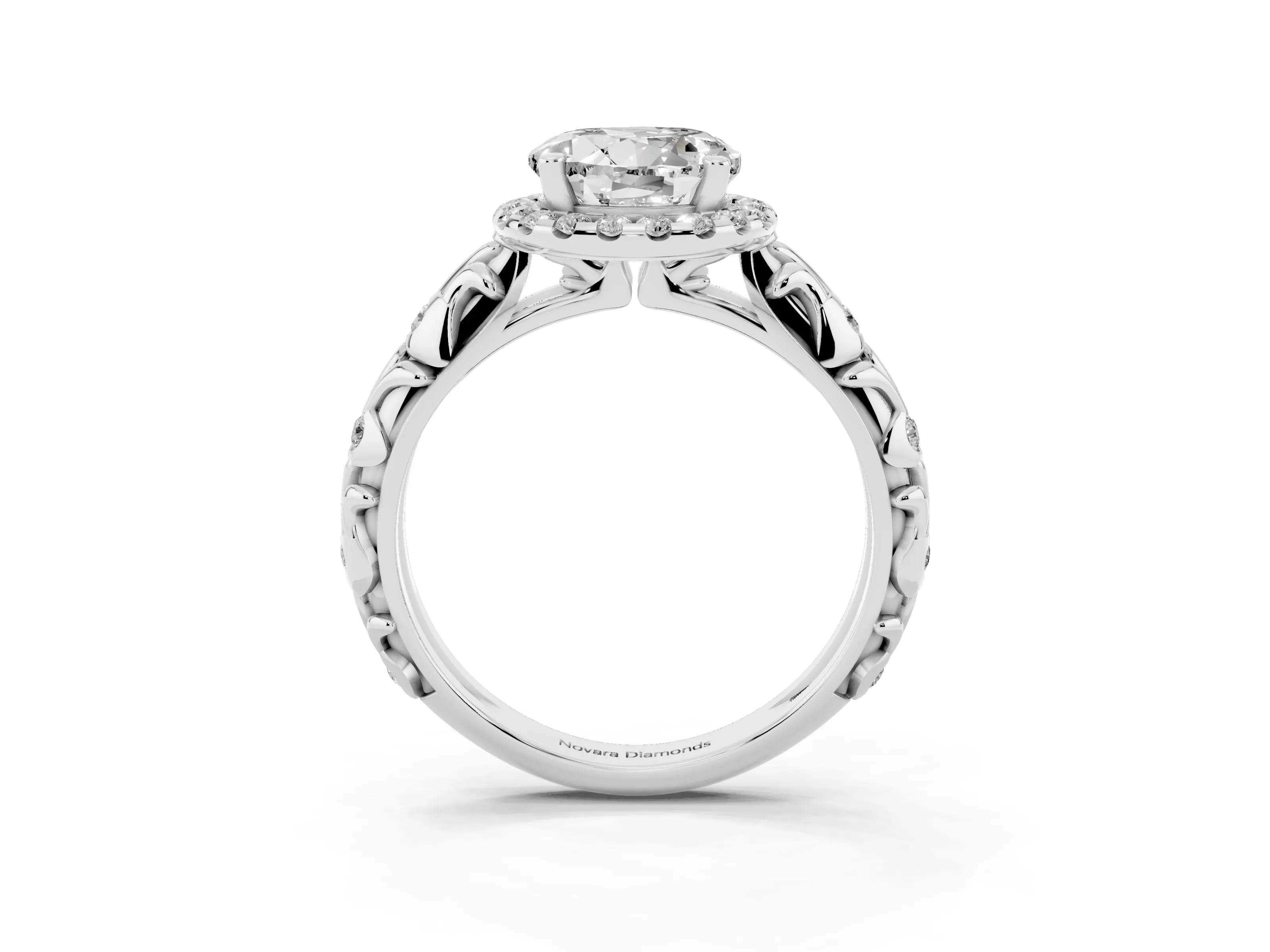 Round Cut Diamond Halo Ring Set in Platinum with Filigree Leaf Band and Prong Setting