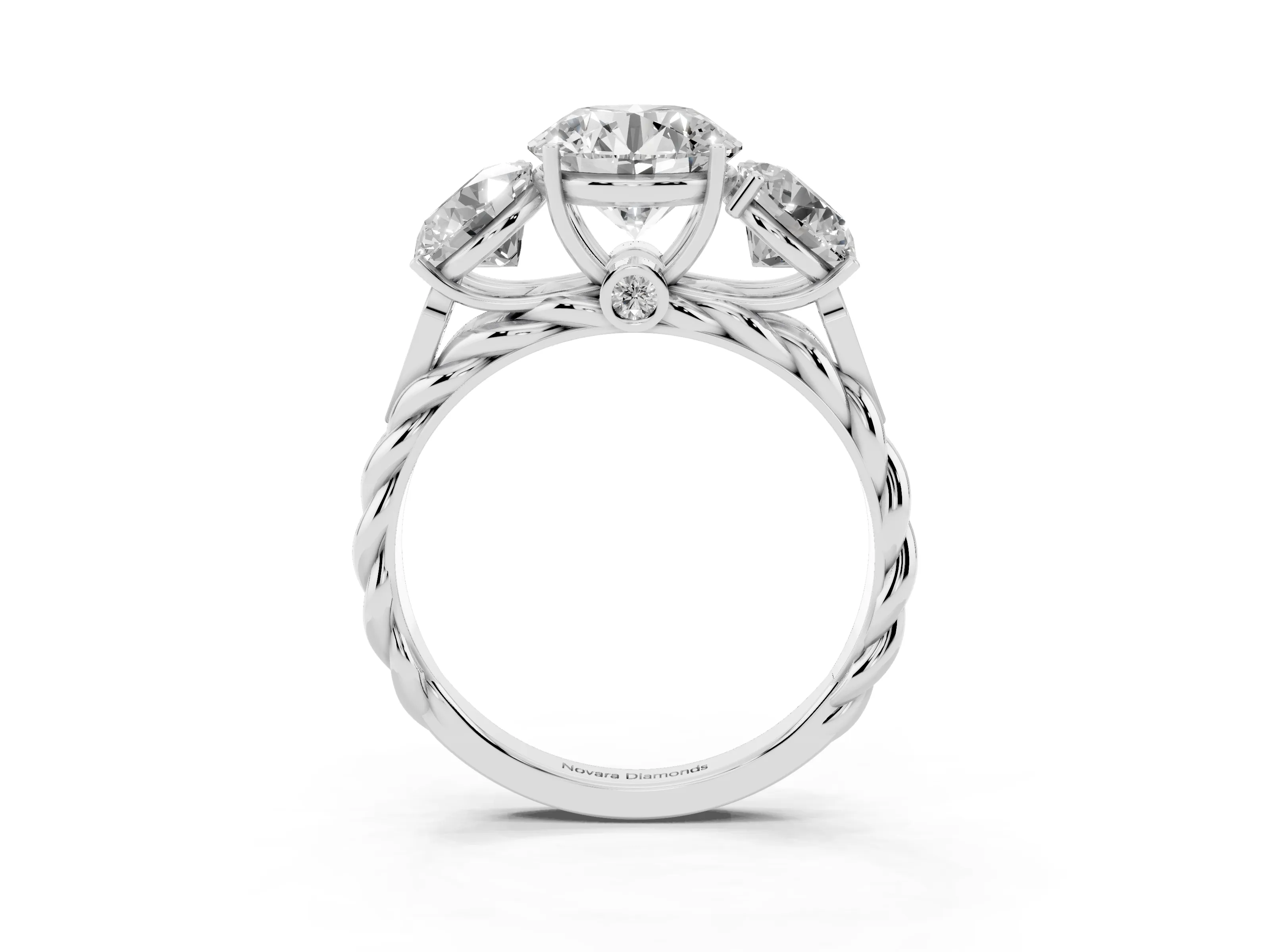 Round Cut Diamond Three-Stone Ring Set in Silver with Braided Band