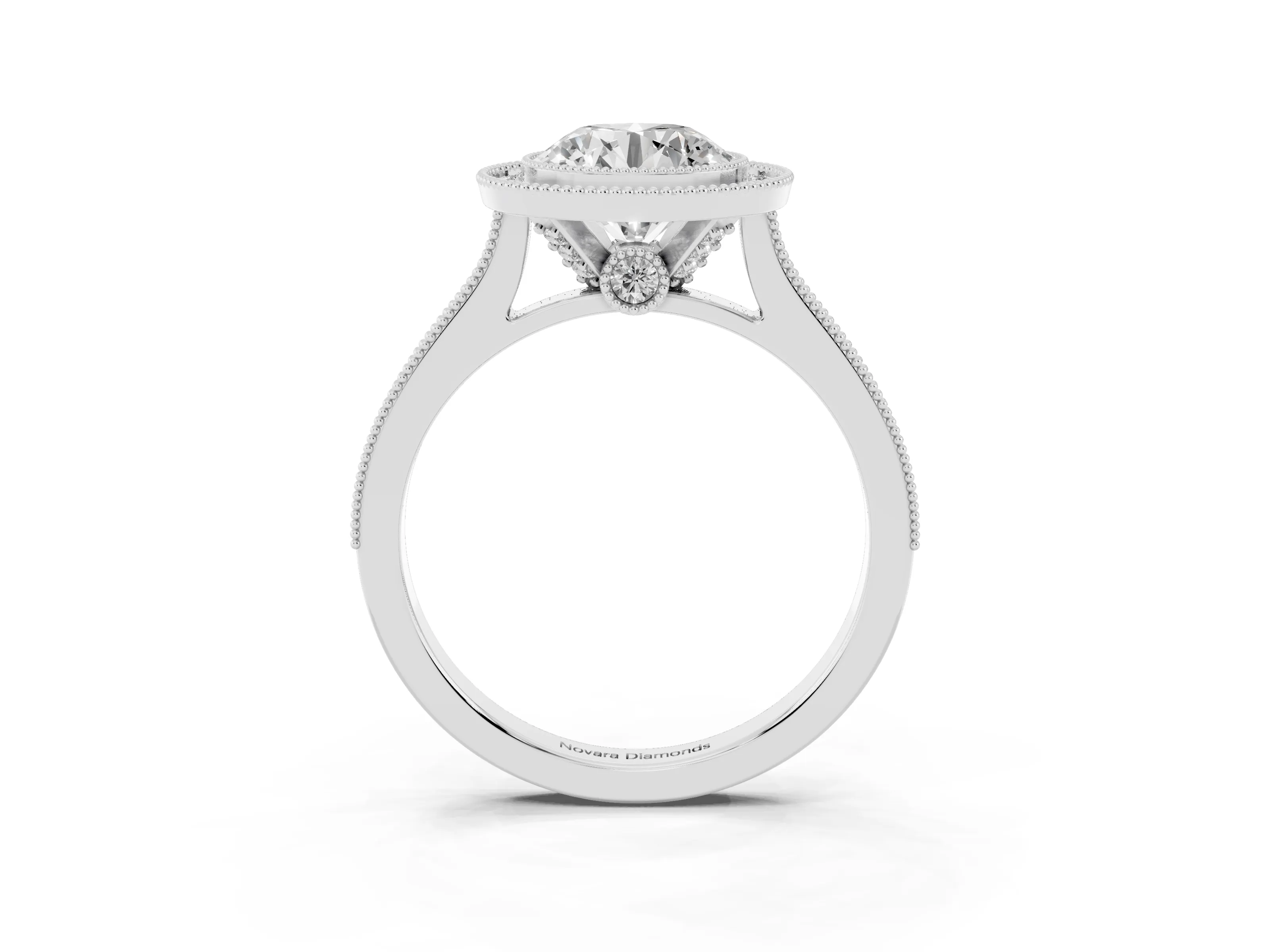 Round Cut Diamond Halo Milgrain Pavé Band Ring Set in Platinum with Prong Setting