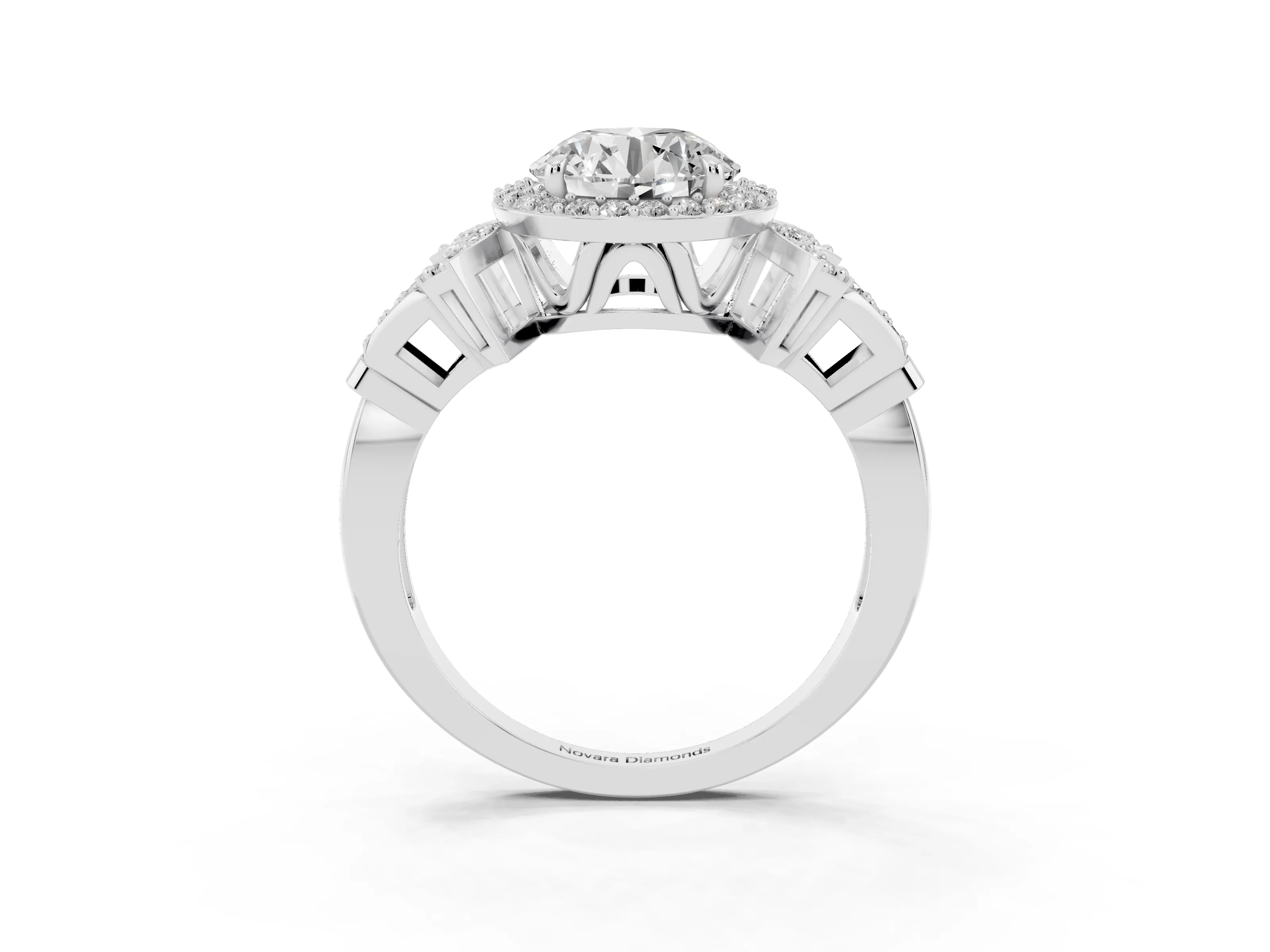 Round Cut Diamond Halo Engagement Ring Set in Silver with Accent Stone Split Shank