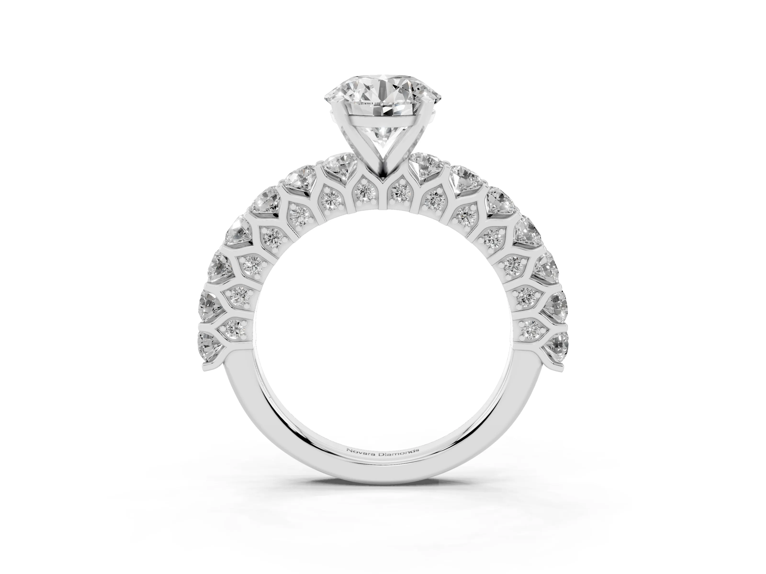 Round Cut Diamond Solitaire Ring Set in Platinum with Shared Prong Pavé Band