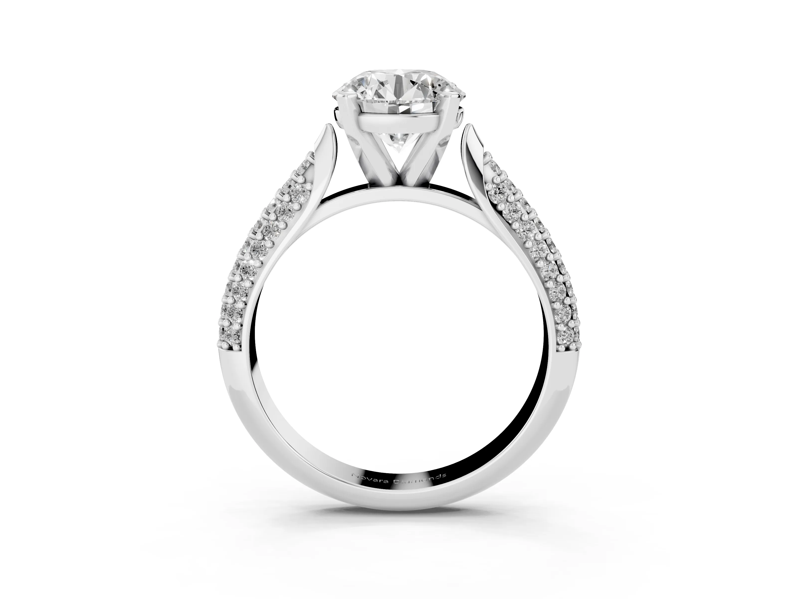 Round Cut Diamond Solitaire Engagement Ring Set in Platinum with Multi-Row Round Pavé Band and Prong Setting