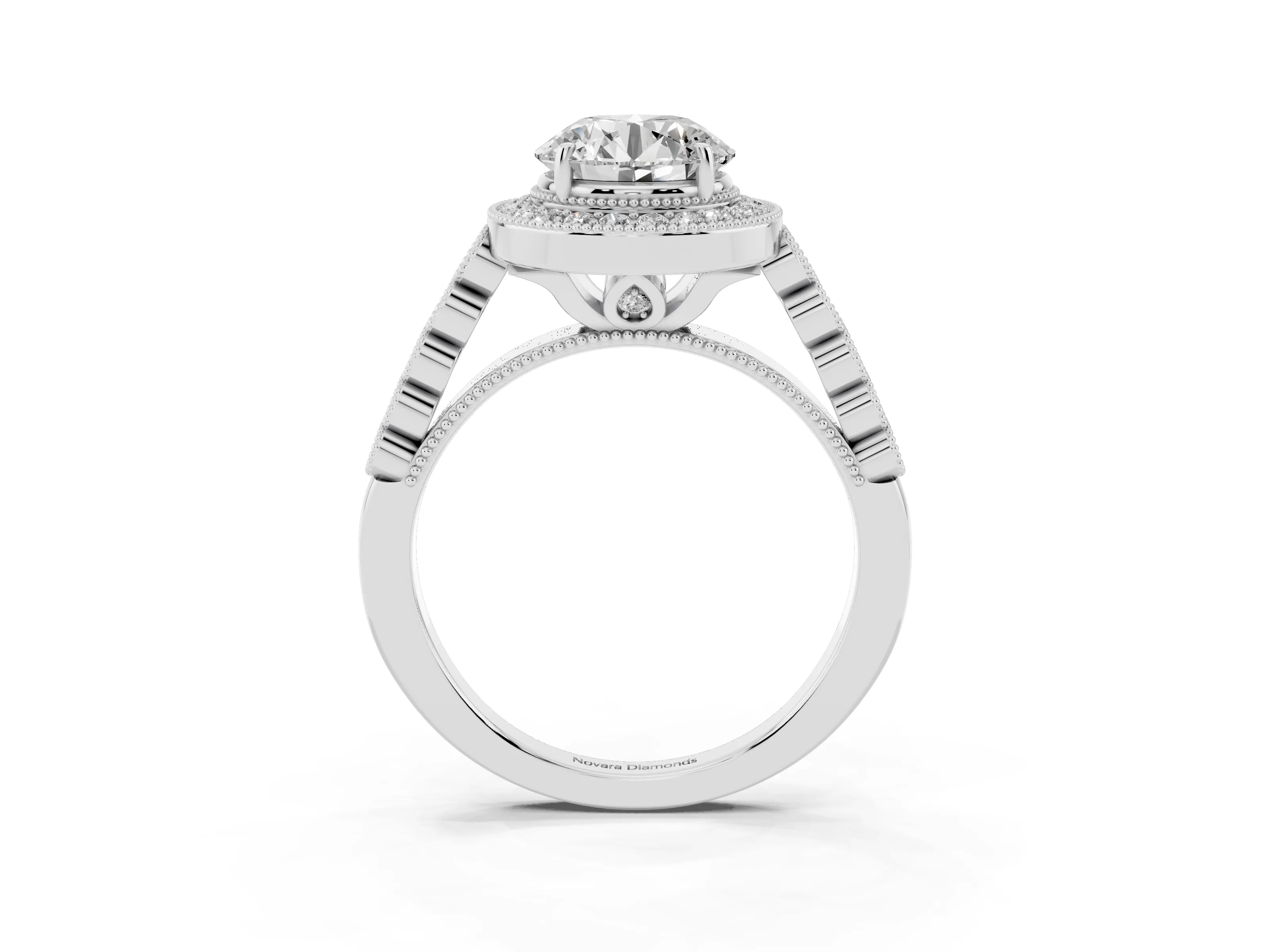 Round Cut Diamond Milgrain Halo Solitaire Ring Set in White gold with Bezel Set Side Stones and Pavé Band