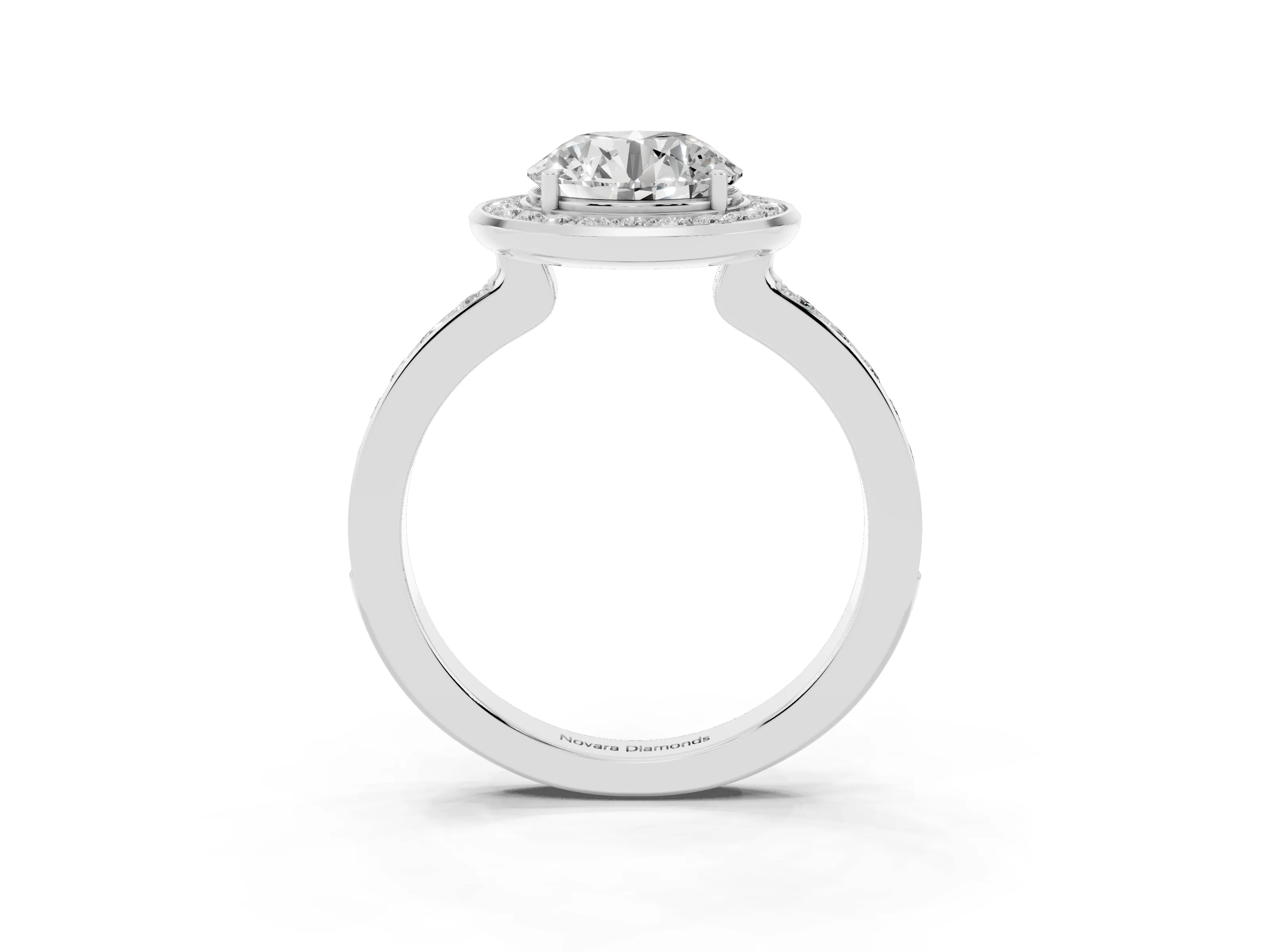 Round Cut Diamond Halo Ring Set in Silver with Bezel Frame and Pavé Band