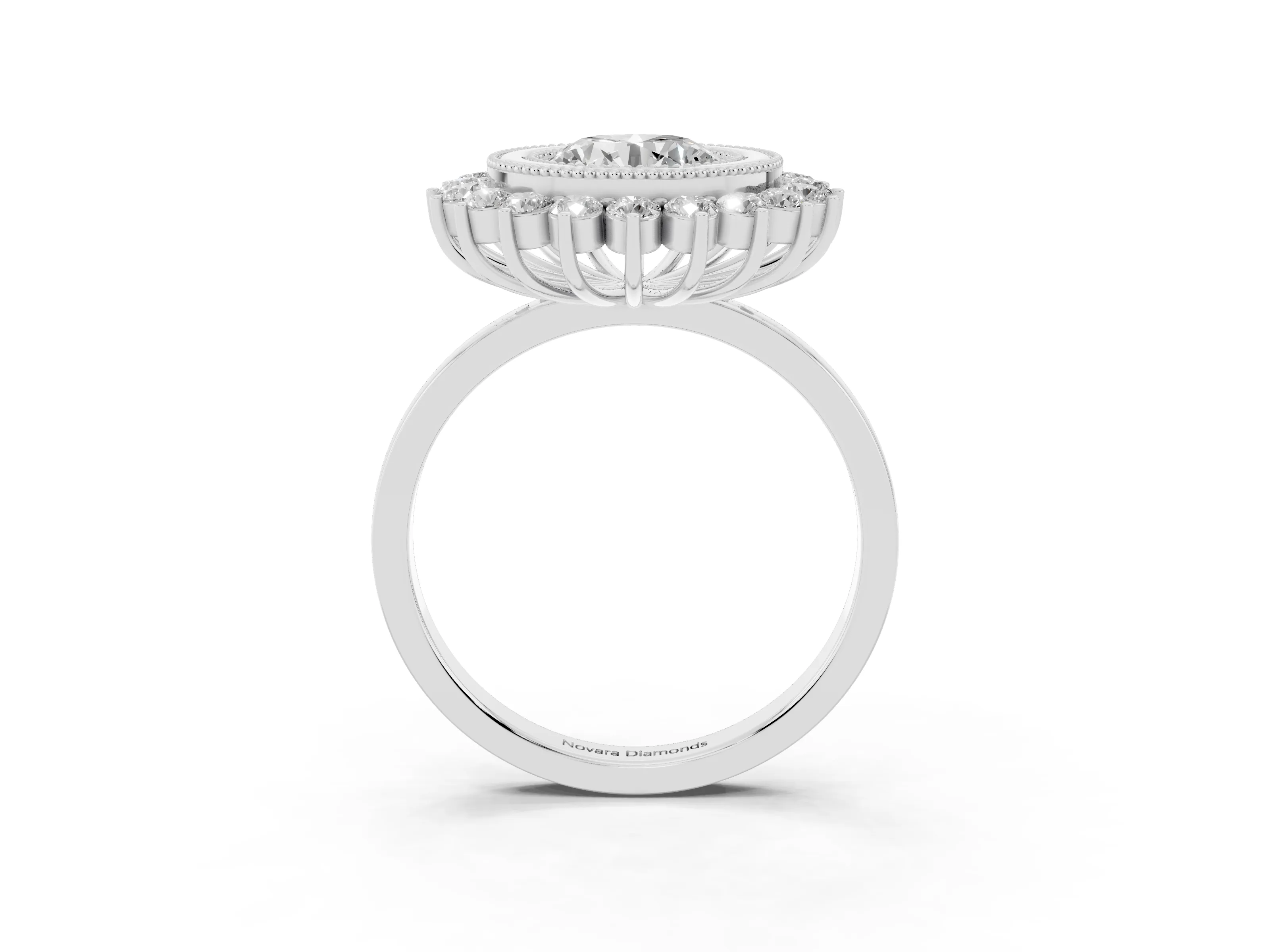 Round Cut Diamond Halo Ring Set in Silver with Milgrain Edge and Round Prong Setting
