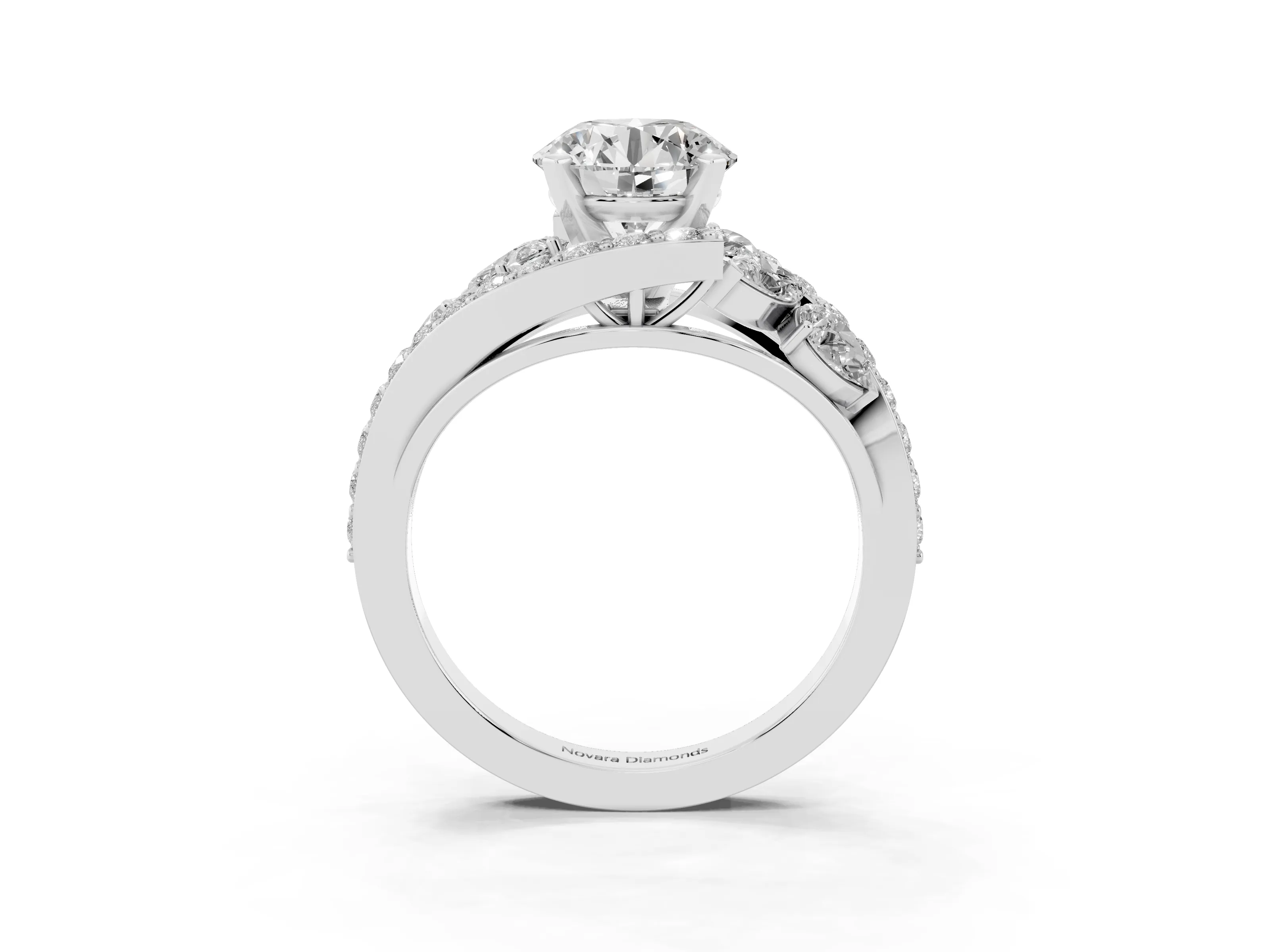 Round Cut Diamond Halo Ring Set in Platinum with Marquise and Pavé Band in Prong Setting