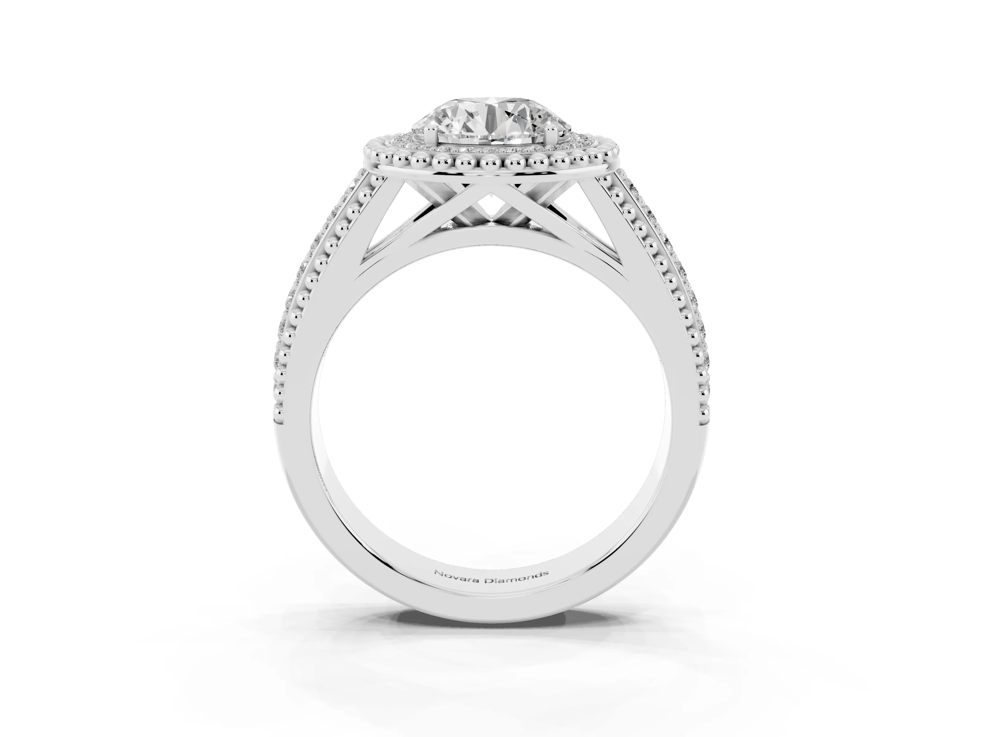 Round Cut Diamond Halo Ring Set in Platinum with Beaded Split Shank and Prong Setting