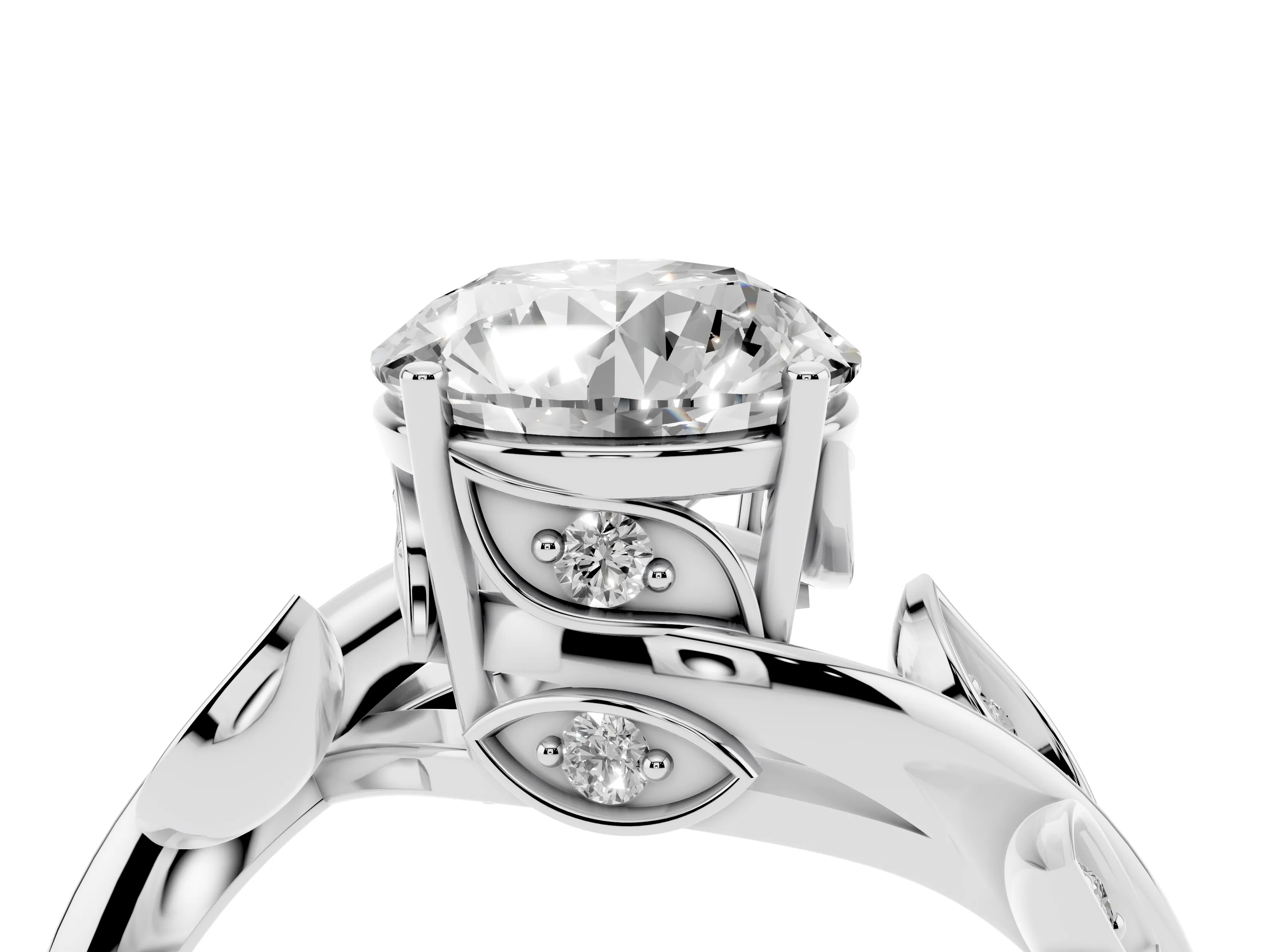 Round Cut Diamond Solitaire Twist Engagement Ring Set in Platinum with Pavé Leaf Accents