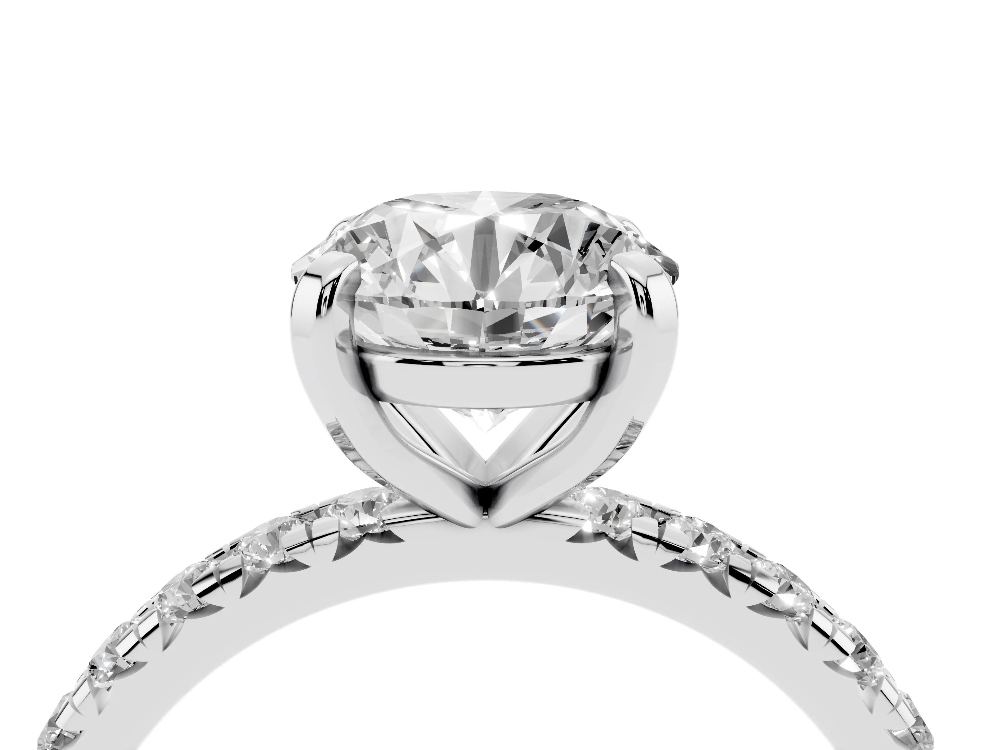 Round Cut Diamond Pavé Solitaire Ring Set in White gold with Round Band and Prong Setting
