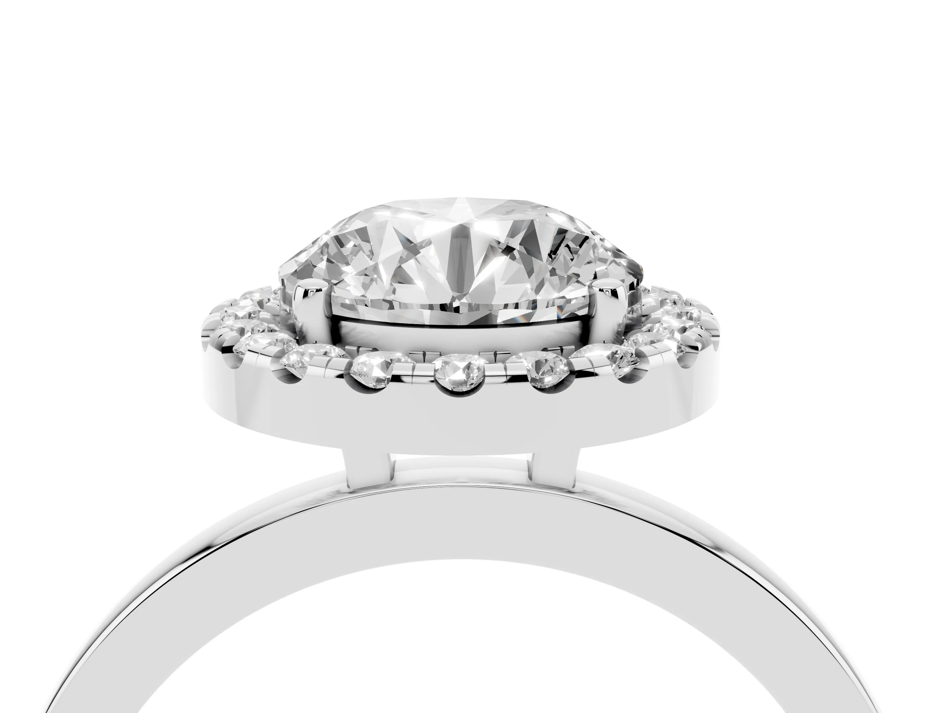 Round Cut Diamond Halo Solitaire Ring Set in White gold with Pavé Band and Prong Setting