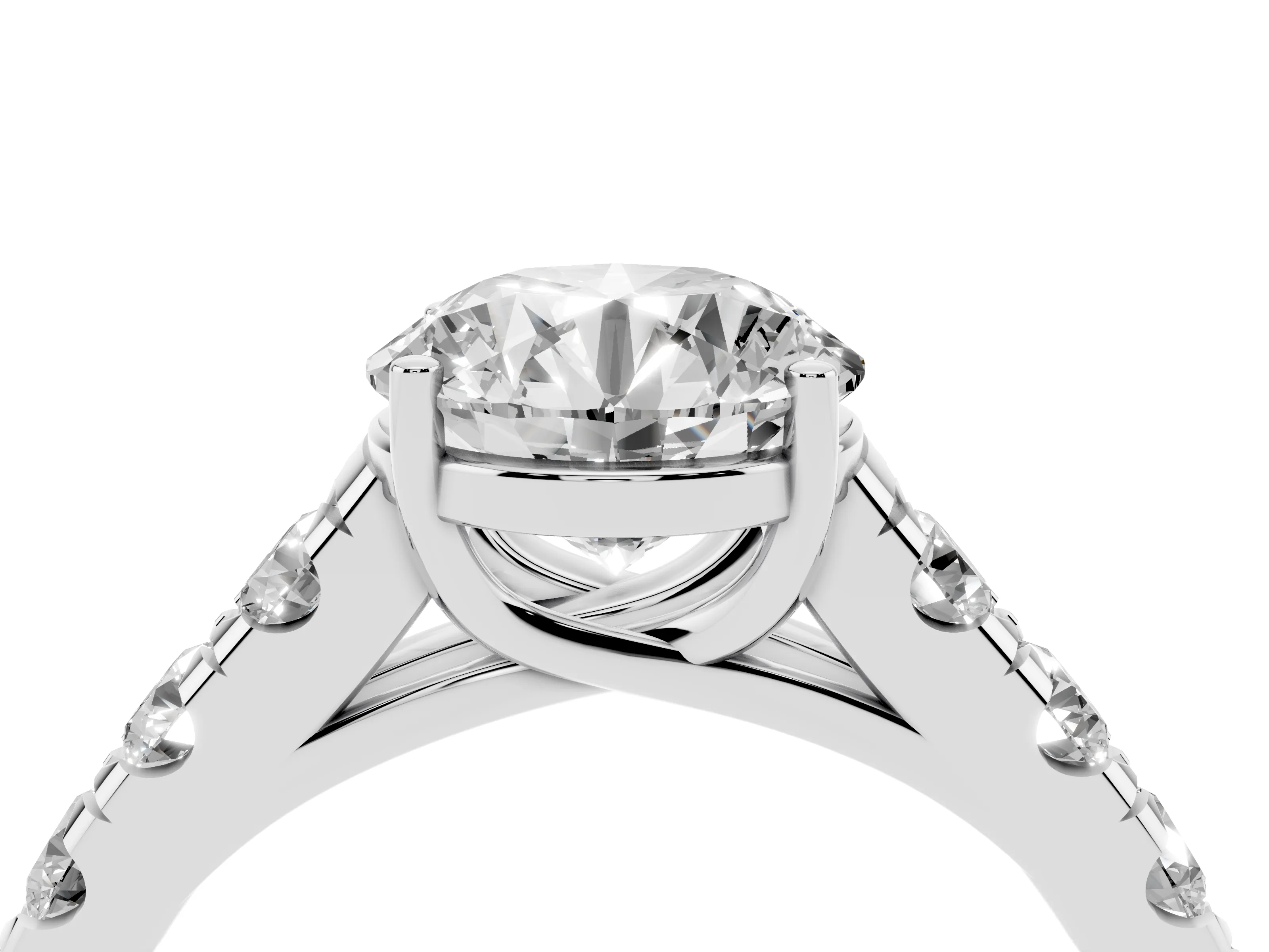 Round Cut Diamond Solitaire Ring Set in White gold with Cut-Down Micro Pavé Band and Prong Setting