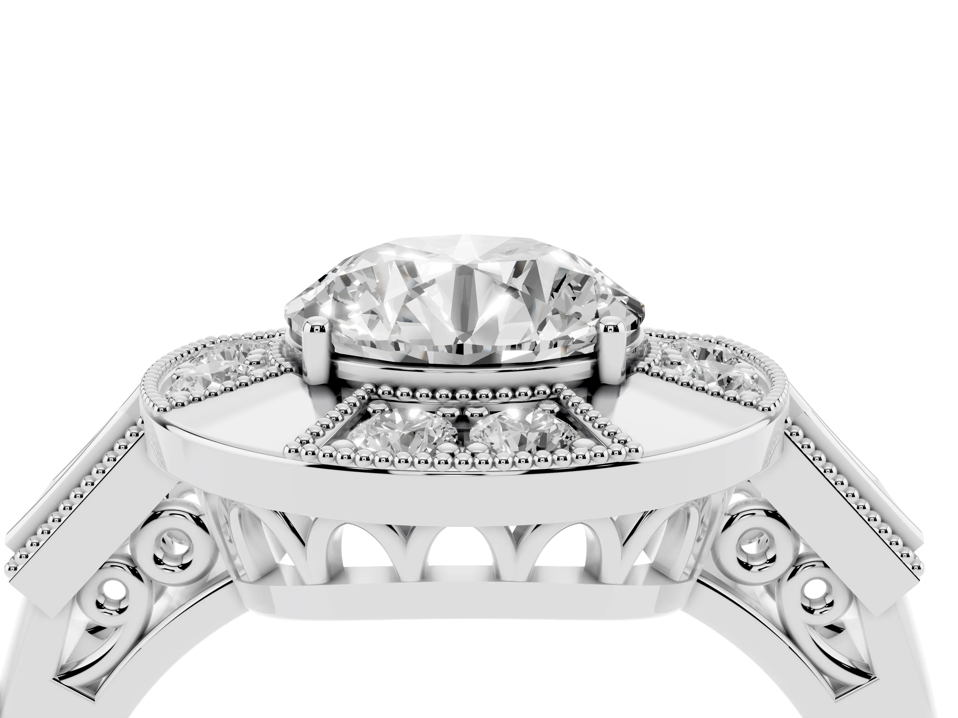 Round Cut Diamond Milgrain Halo Ring Set in Silver with Split Shank