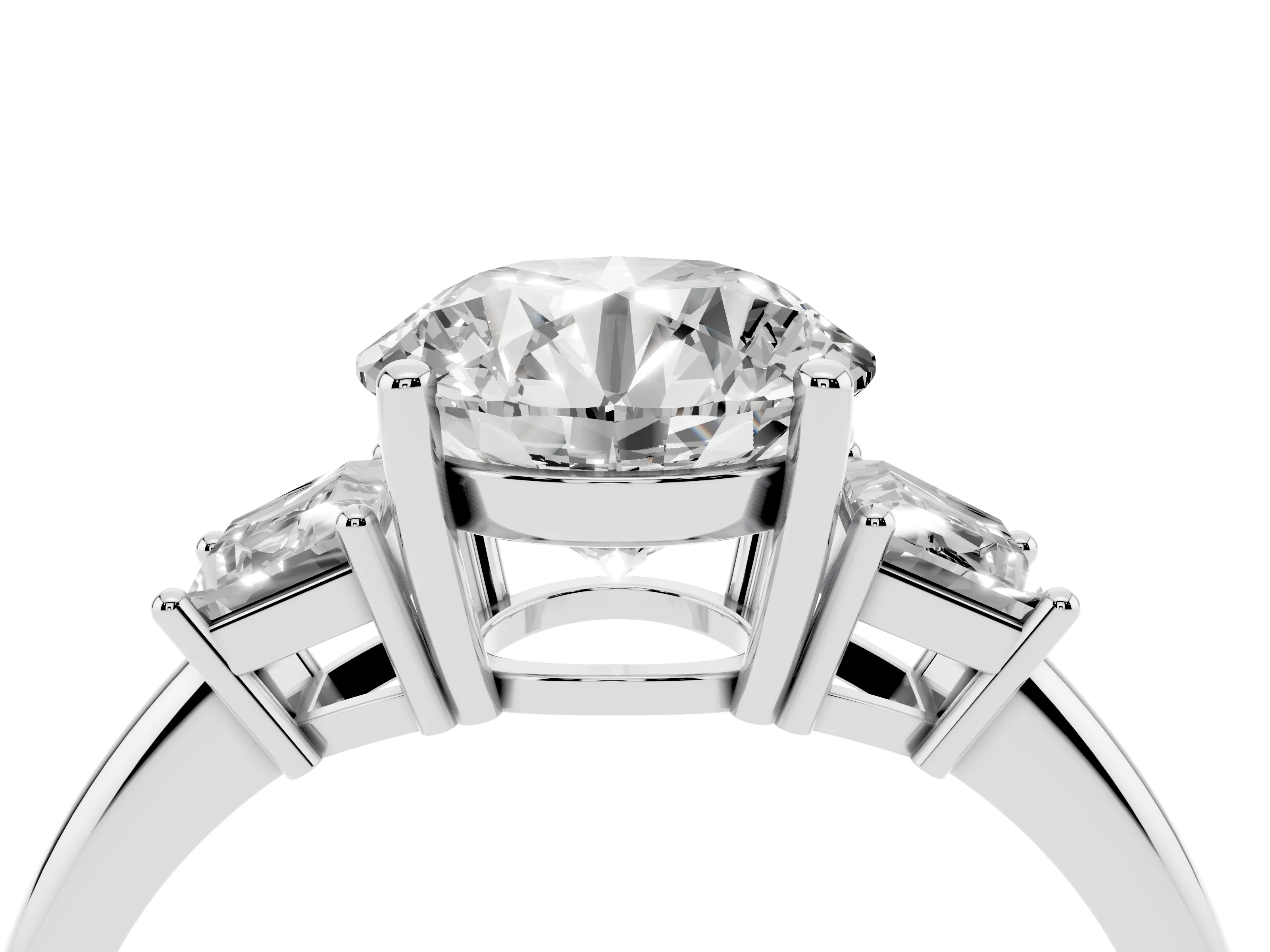 Round Cut Diamond Three-Stone Ring Set in White gold with Trapezoid Side Stones and Prong Setting