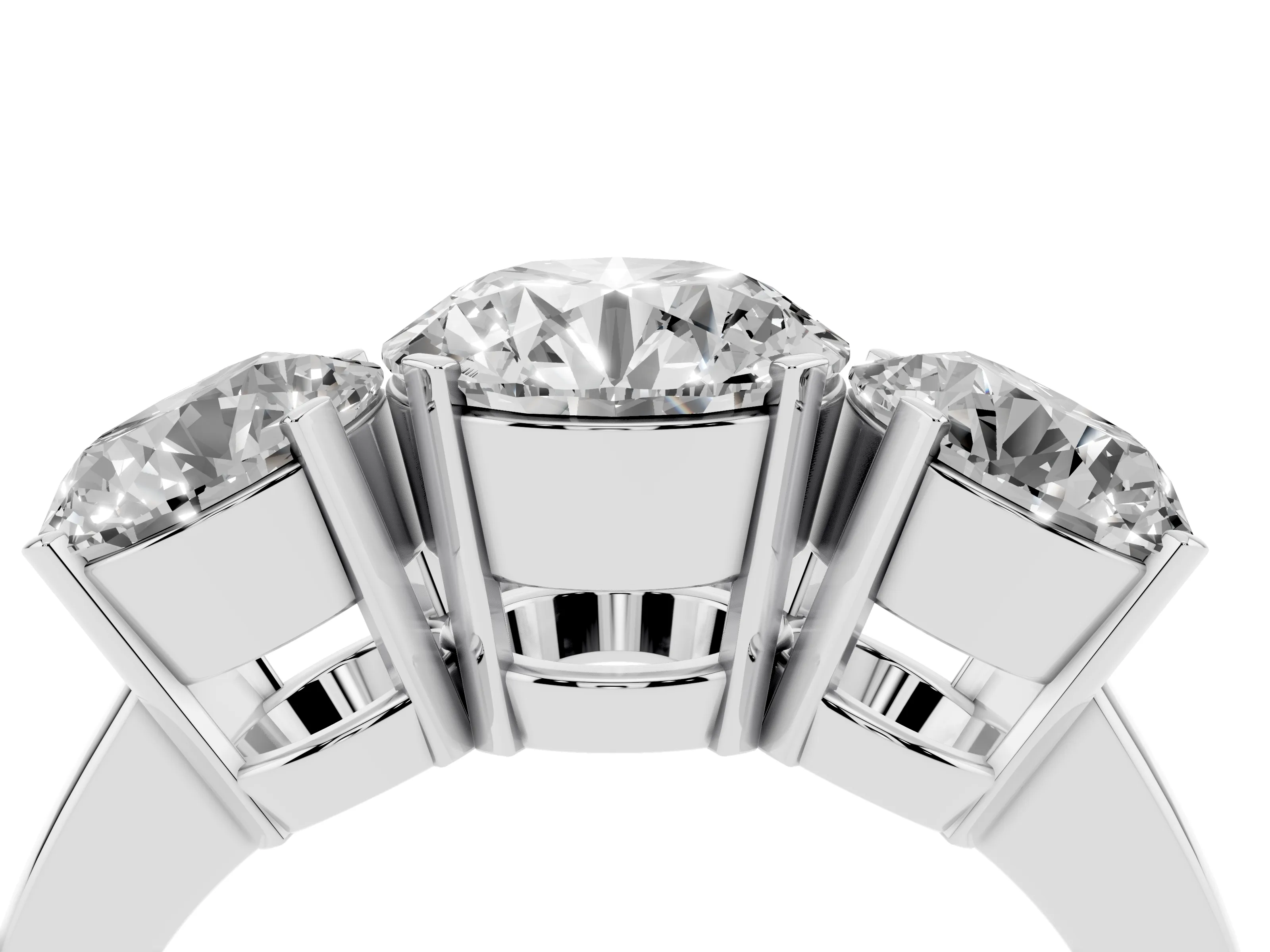 Round Cut Diamond Three-Stone Ring Set in Platinum with Channel-Set Band and Prong Settings