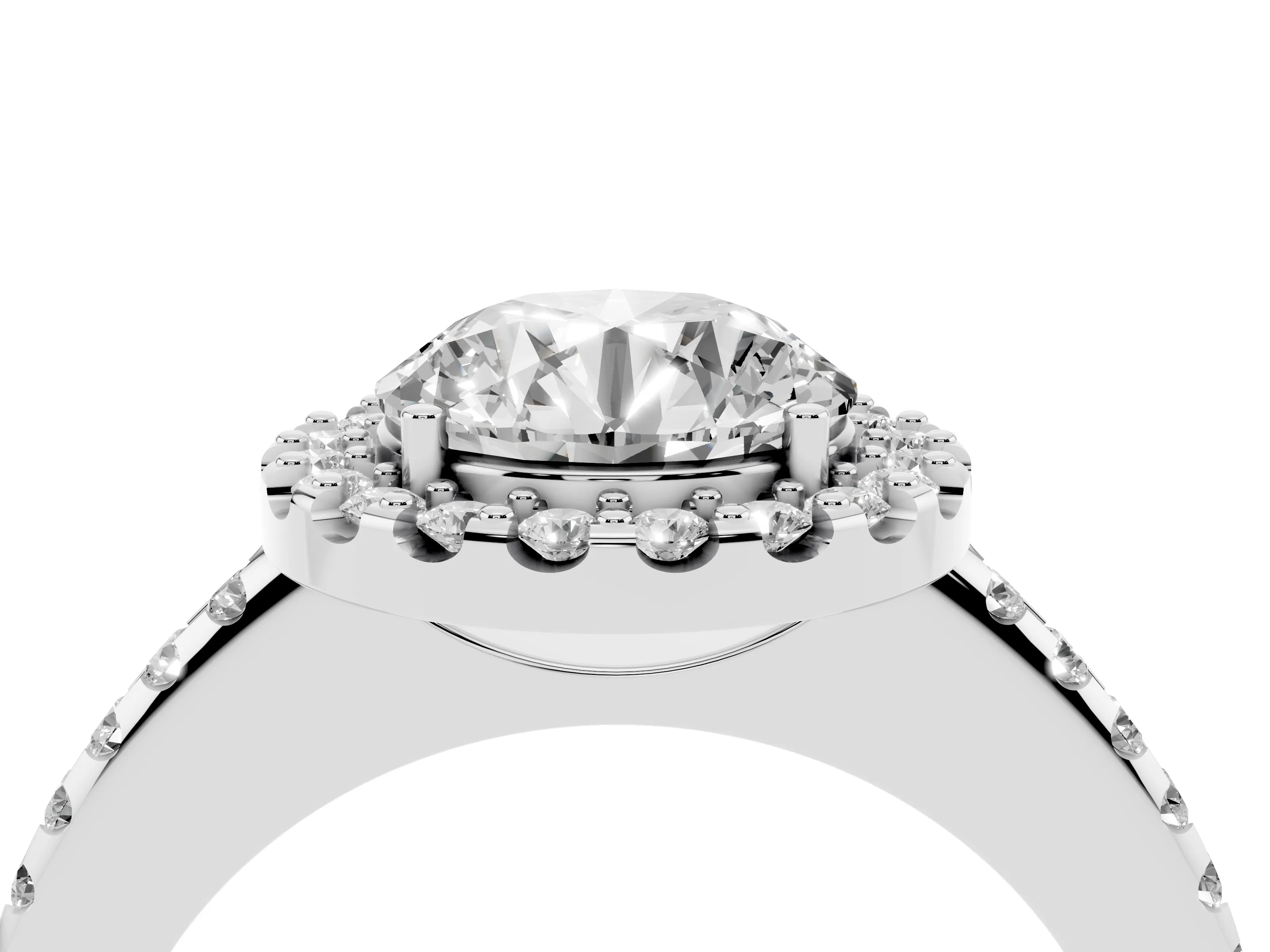Round Cut Diamond Pavé Halo Ring Set in Platinum with Prong Setting