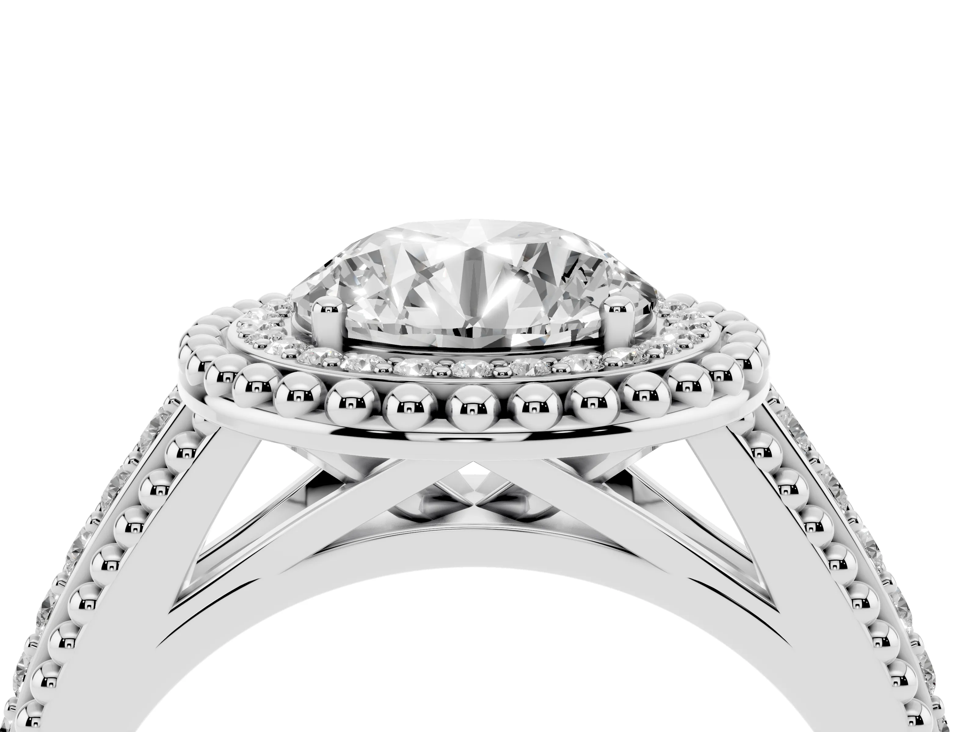 Round Cut Diamond Halo Ring Set in Platinum with Beaded Split Shank and Prong Setting