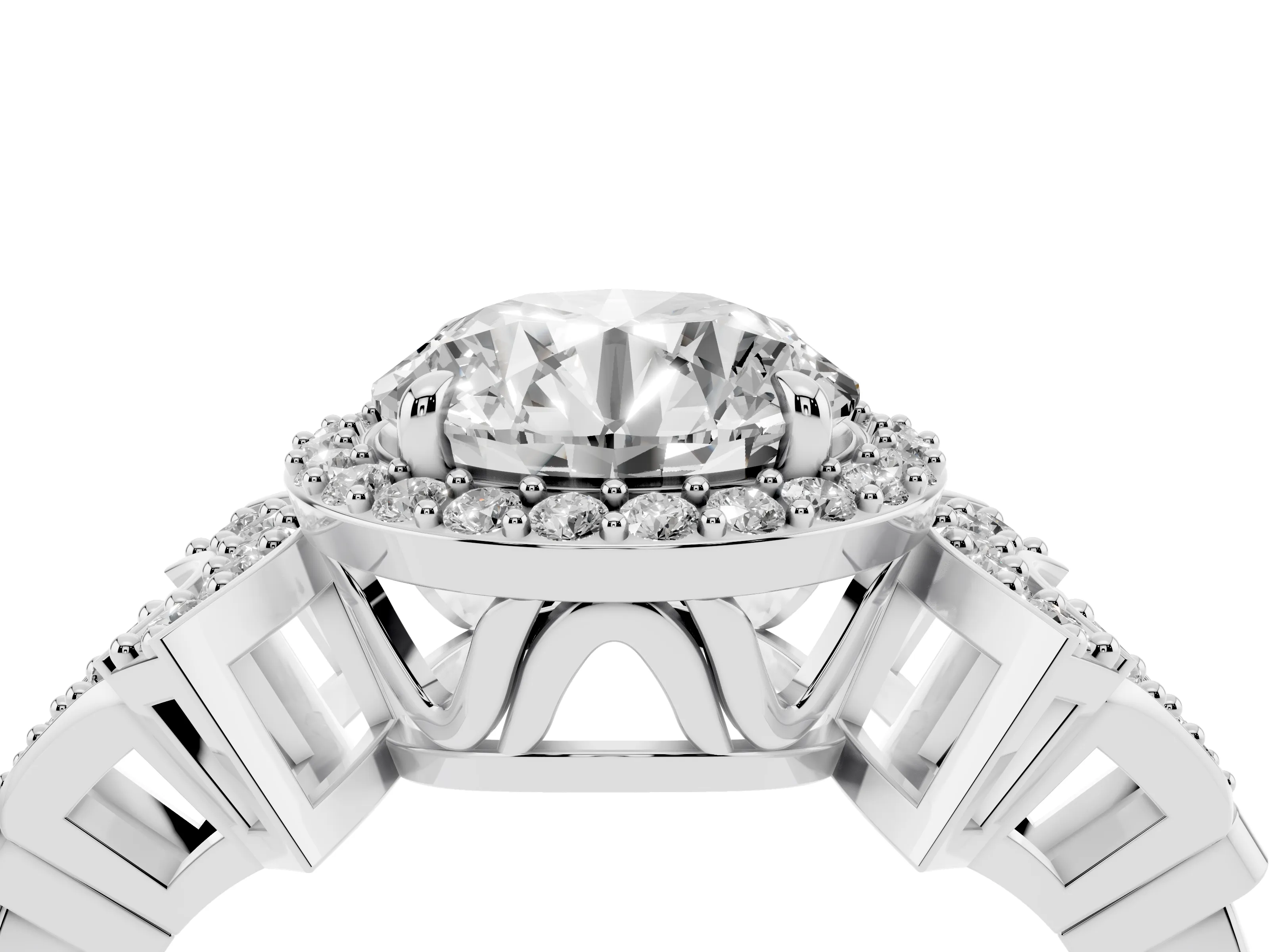 Round Cut Diamond Halo Engagement Ring Set in Silver with Accent Stone Split Shank