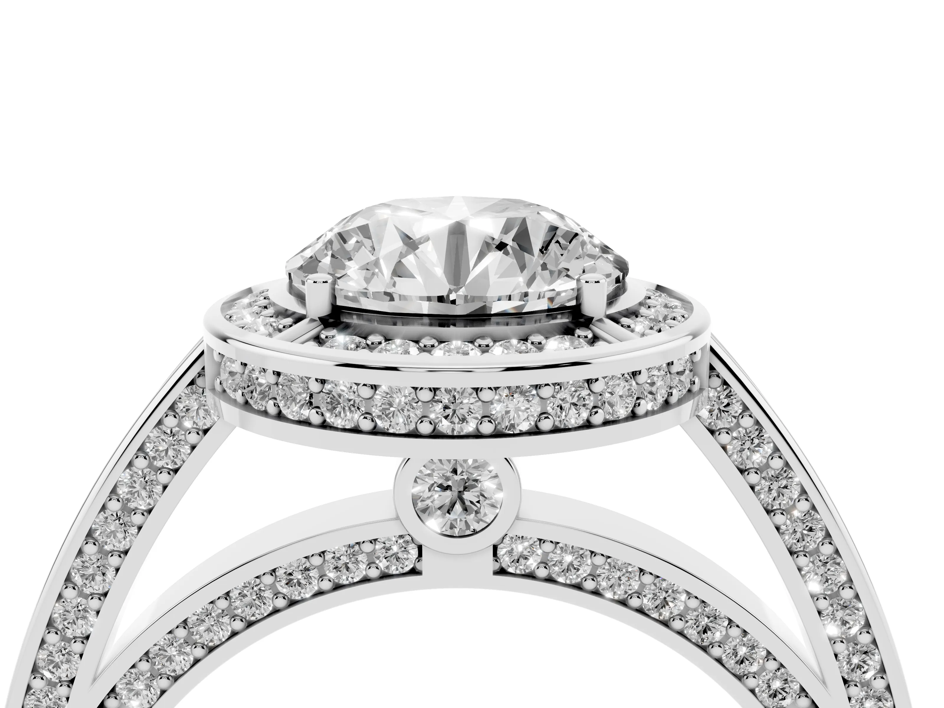Round Cut Diamond Halo Pavé Split Shank Ring Set in White gold with Prong Setting