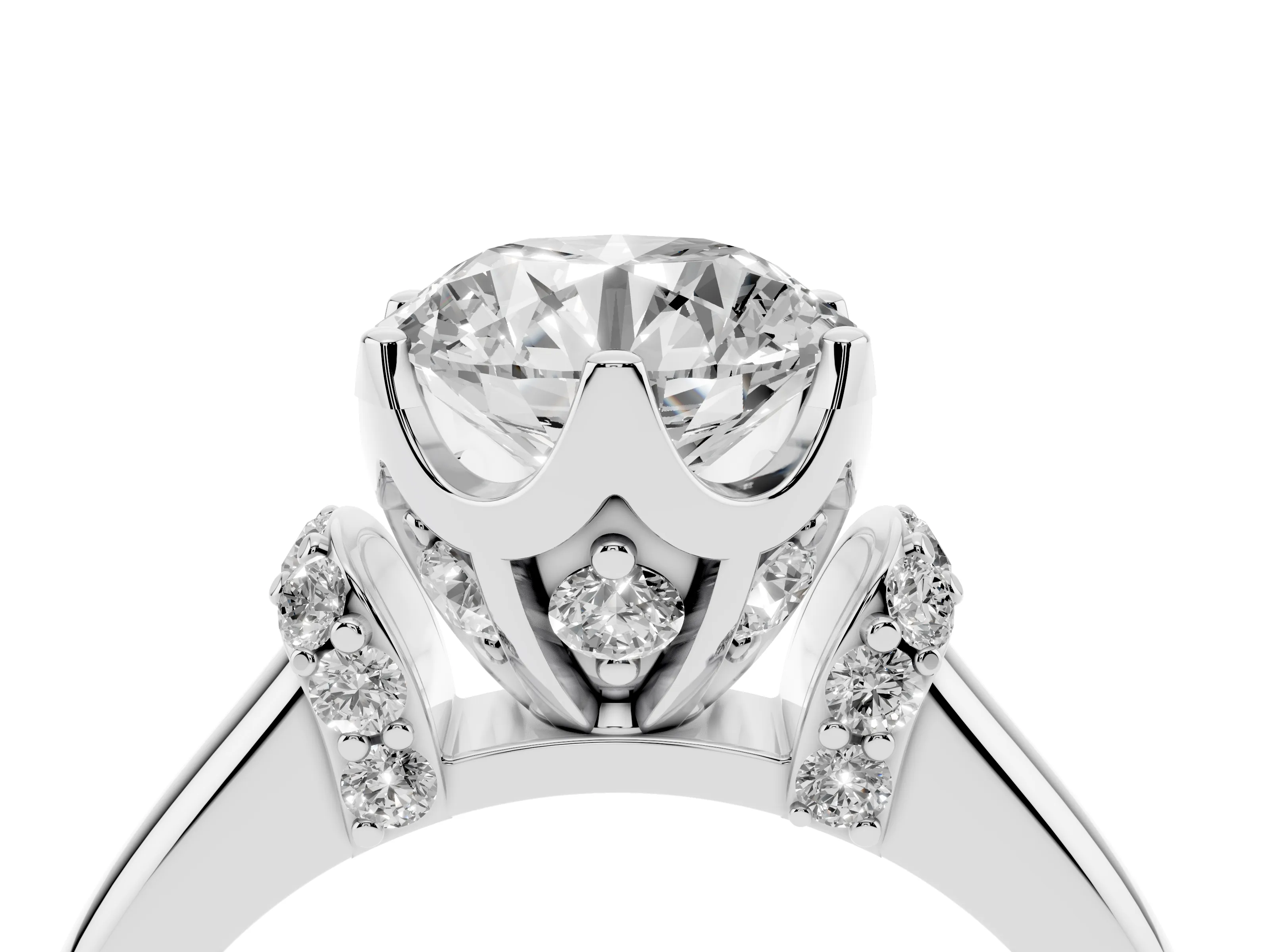 Round Cut Diamond Cathedral Solitaire Engagement Ring Set in Platinum with Pavé Accents