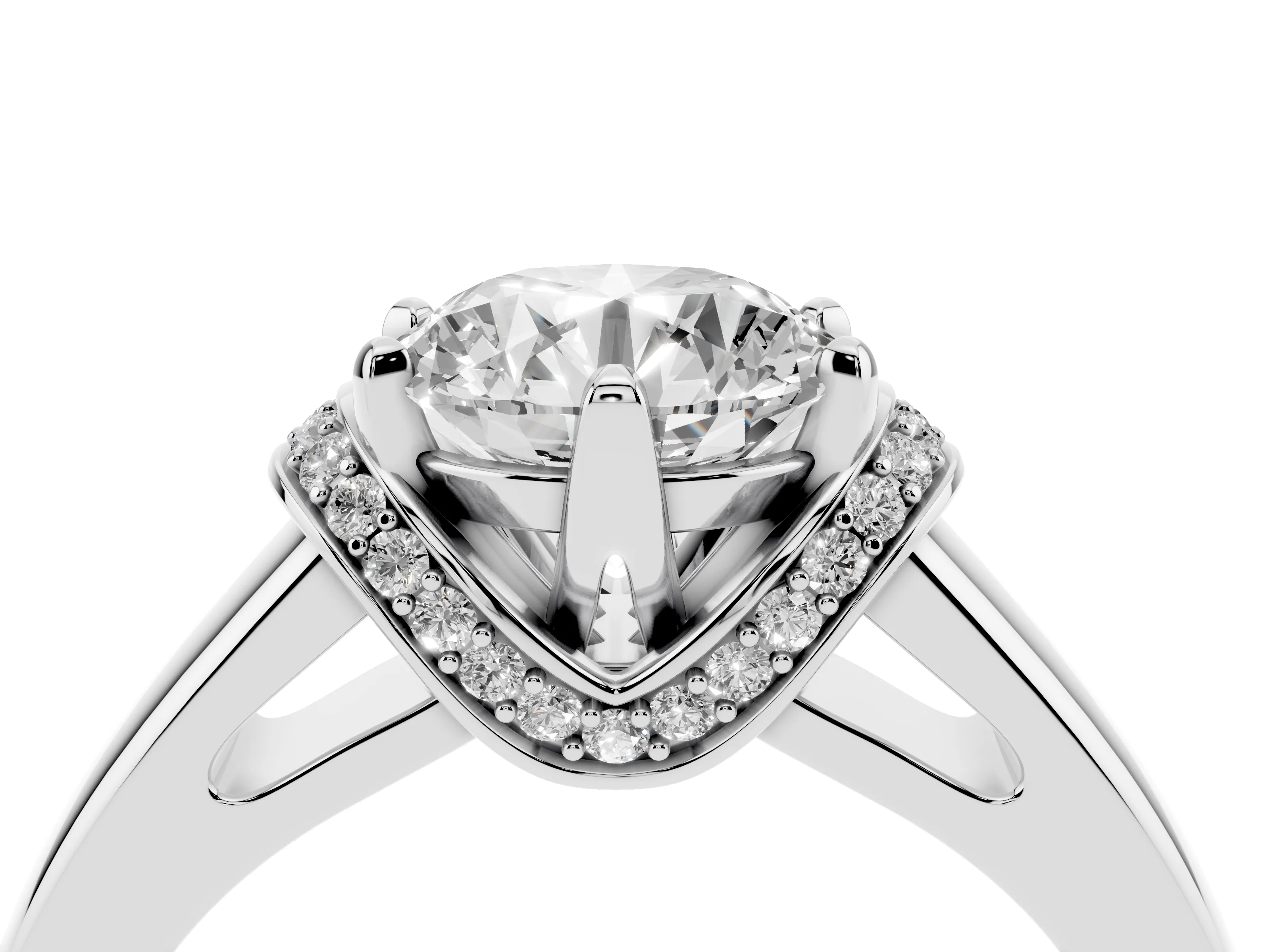 Round Cut Diamond Pavé Band Solitaire Ring Set in Silver with Prong Setting