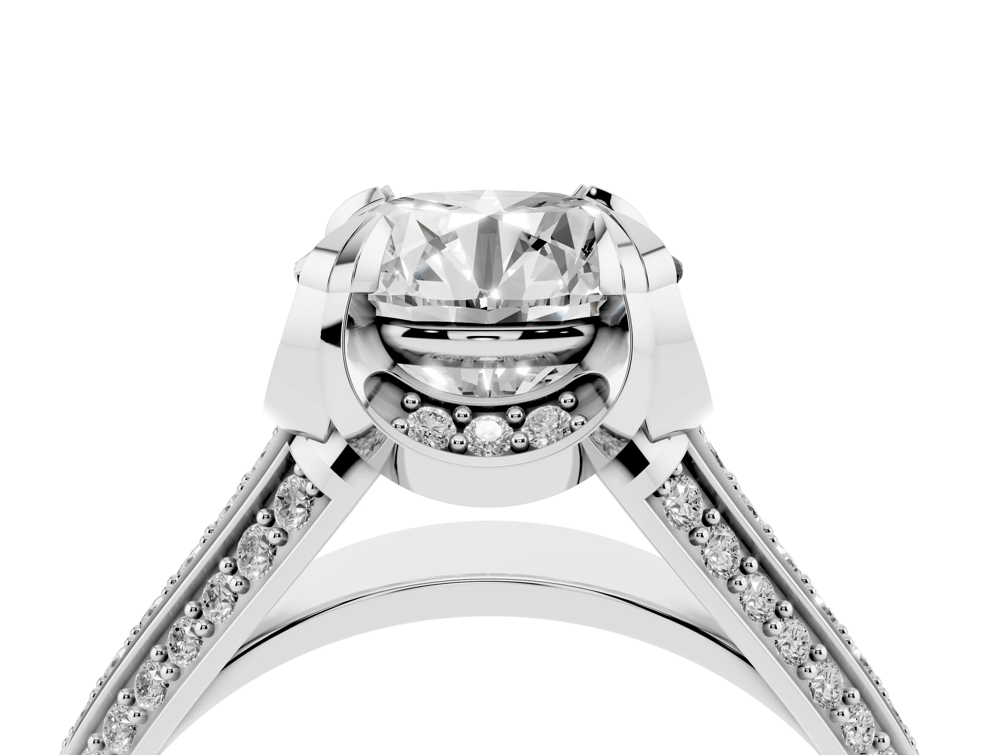 Round Cut Diamond Pavé Split Shank Solitaire Ring Set in White gold with Prong Setting