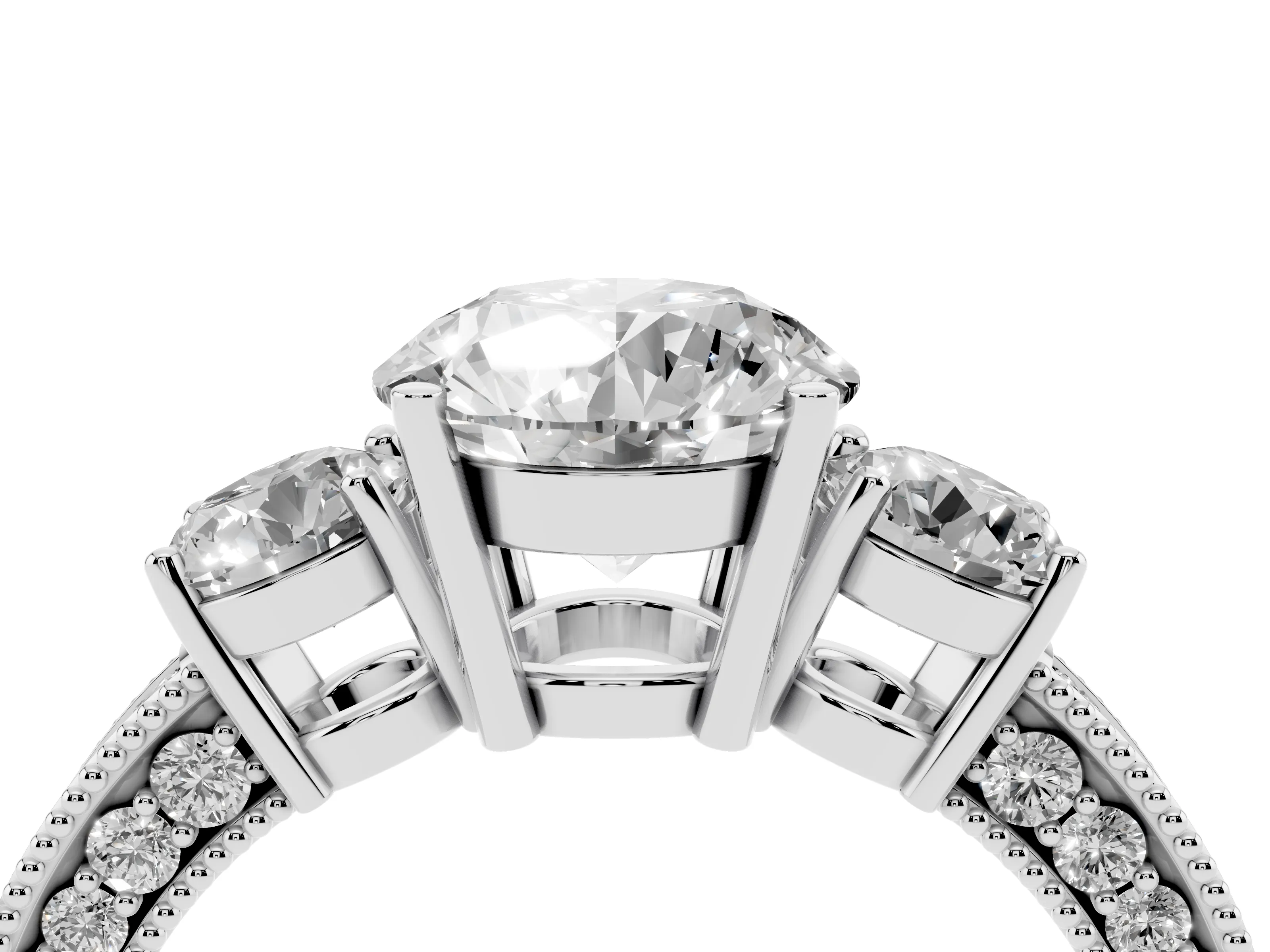 Round Cut Diamond Three-Stone Ring Set in White gold with Round Side Stones and Pavé Band
