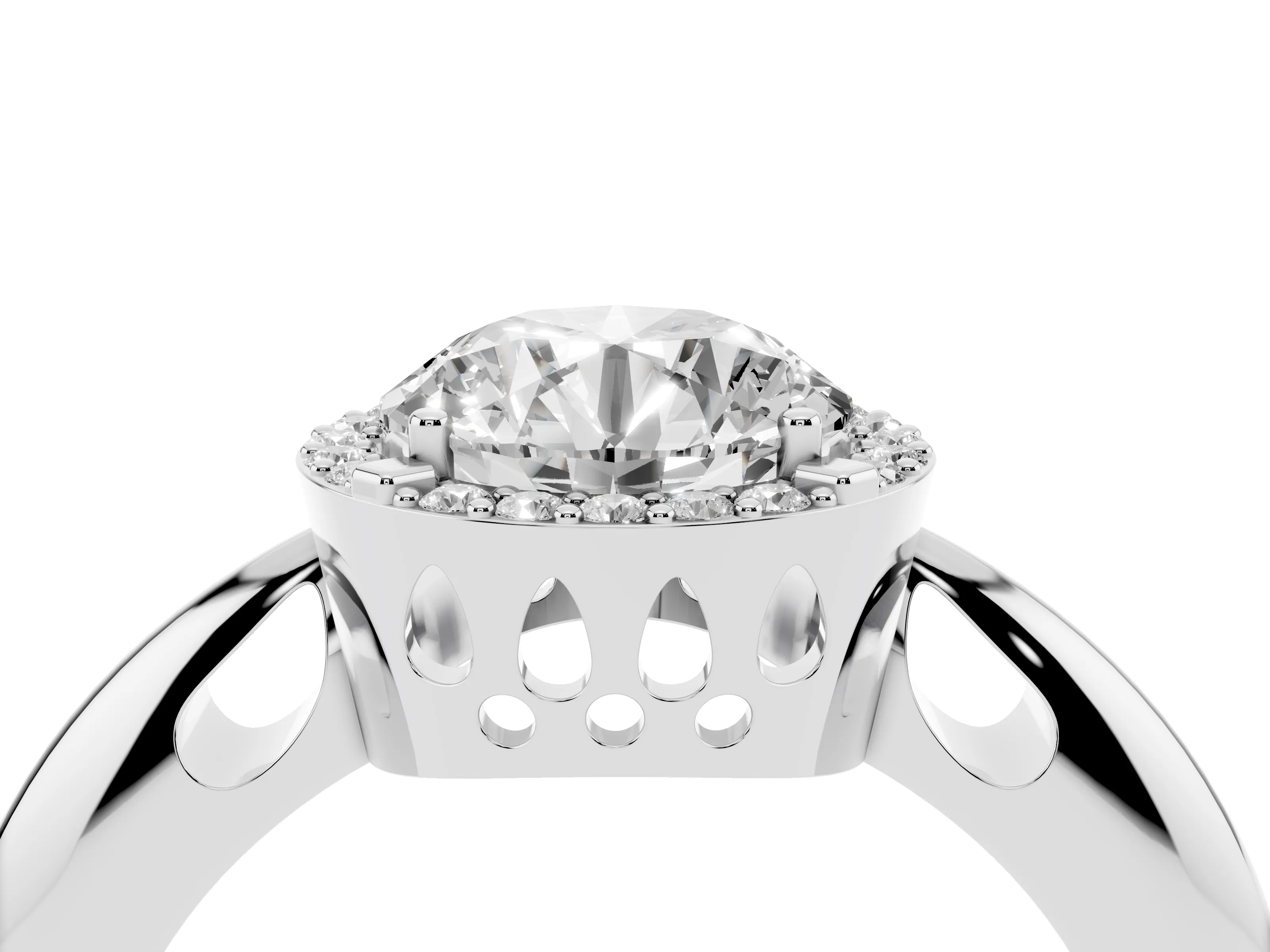 Round Cut Diamond Halo Engagement Ring Set in Silver with Plain Split Shank and Prong Setting