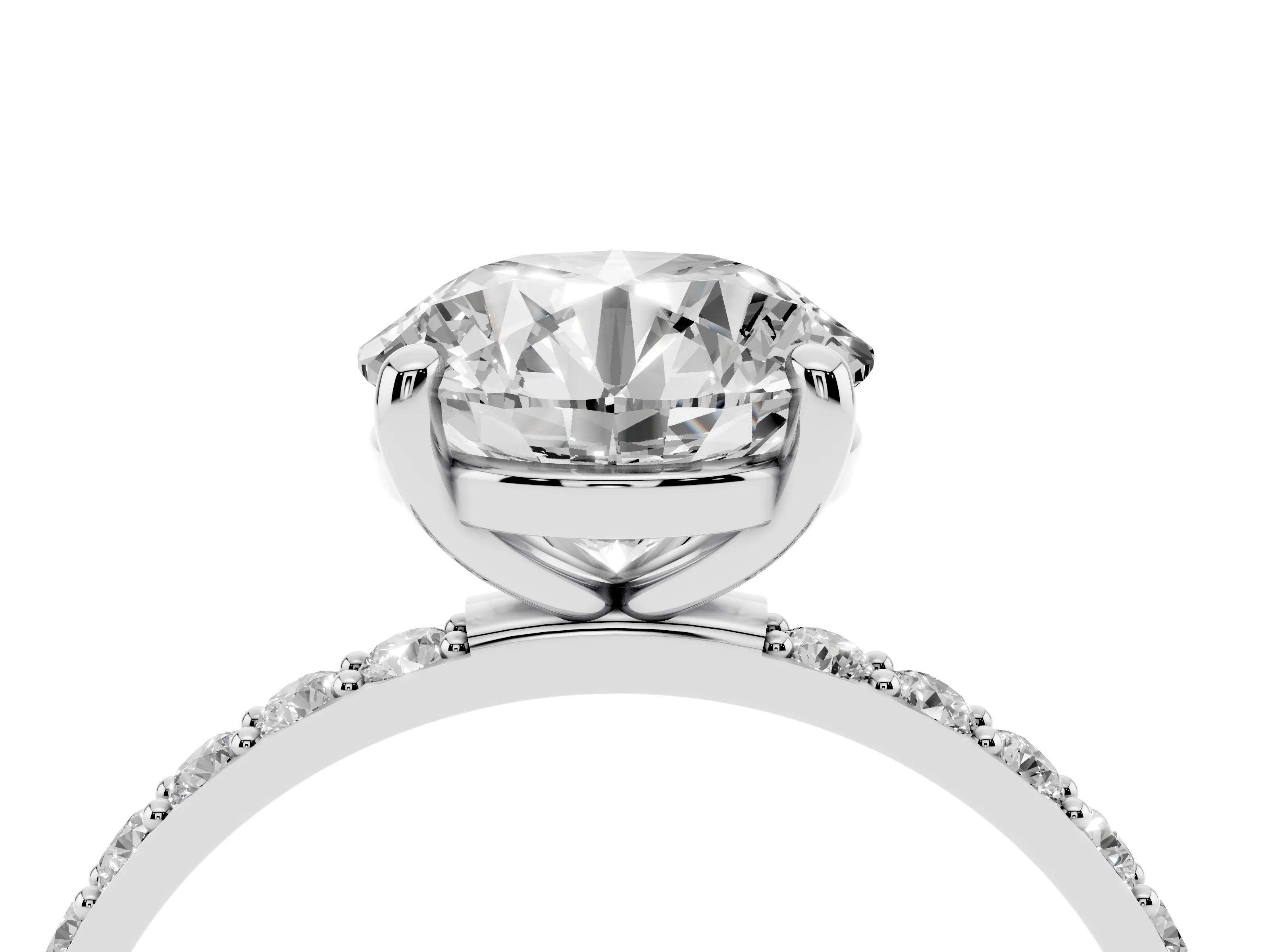 Round Cut Diamond Solitaire Ring Set in Platinum with Round Pavé Band and Prong Setting