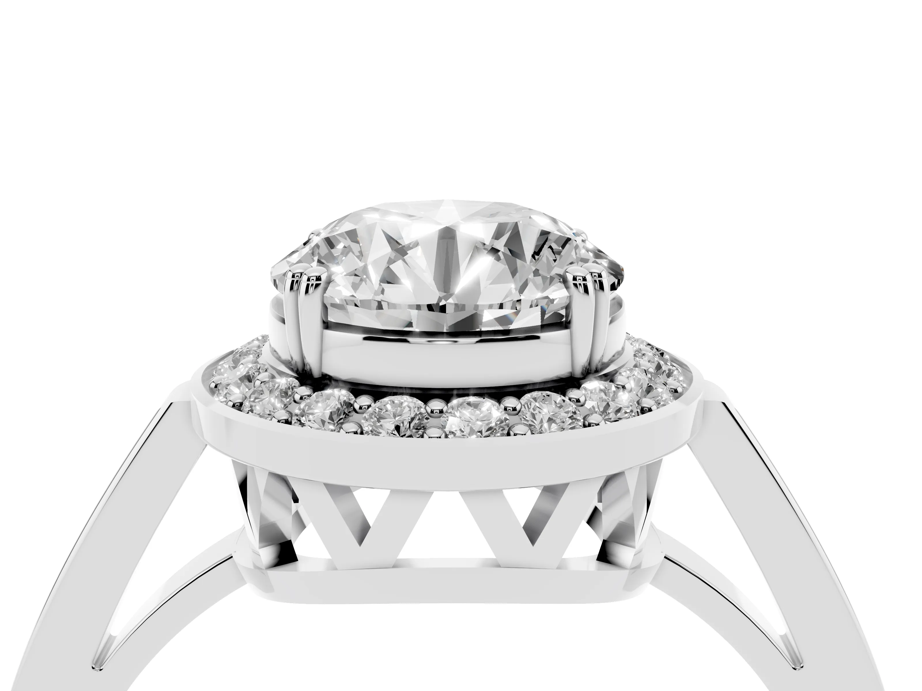 Round Cut Diamond Halo Ring Set in Platinum with Accent-Lined Split Shank and Prong Setting
