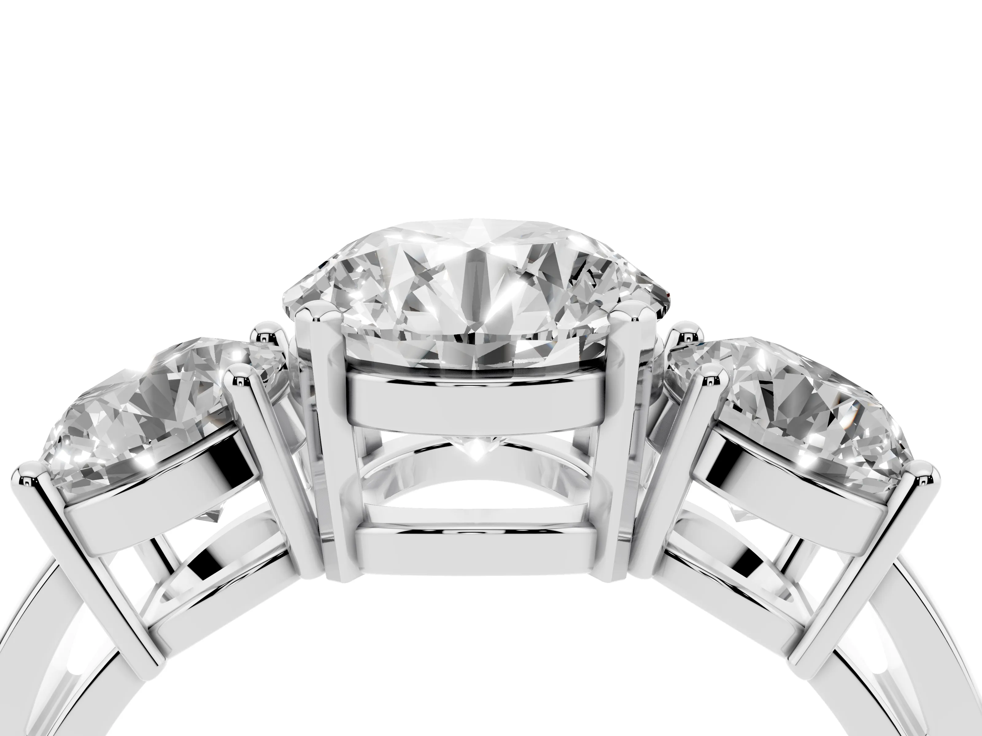Round Cut Diamond Three-Stone Ring Set in White gold with Round Side Stones and Classic Band