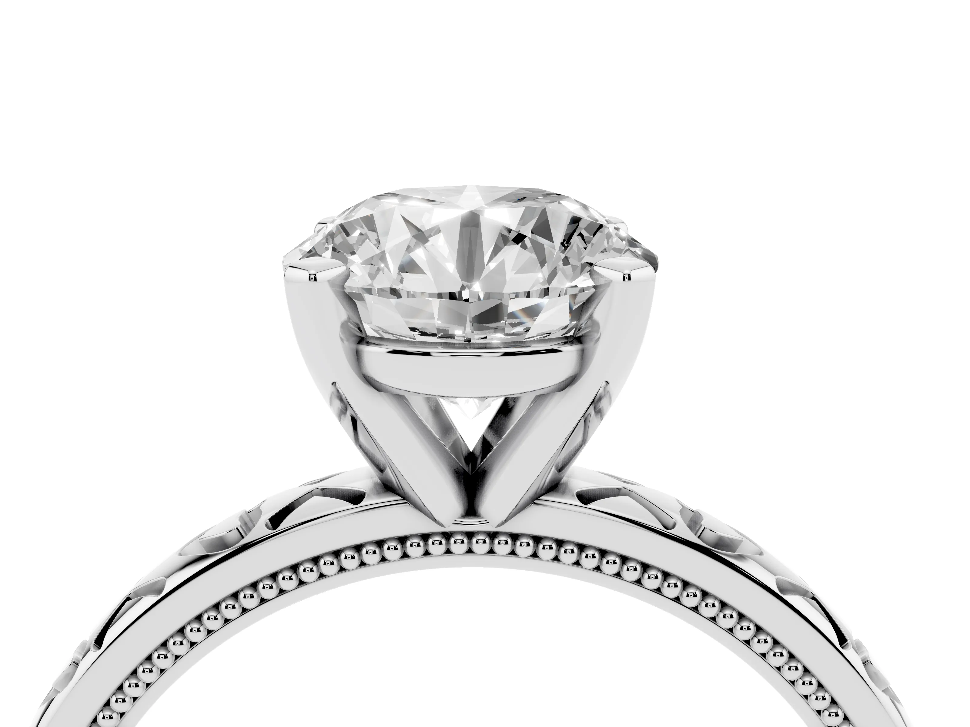 Round Cut Diamond Solitaire Engagement Ring Set in Platinum with XO Engraved Band and Prong Setting