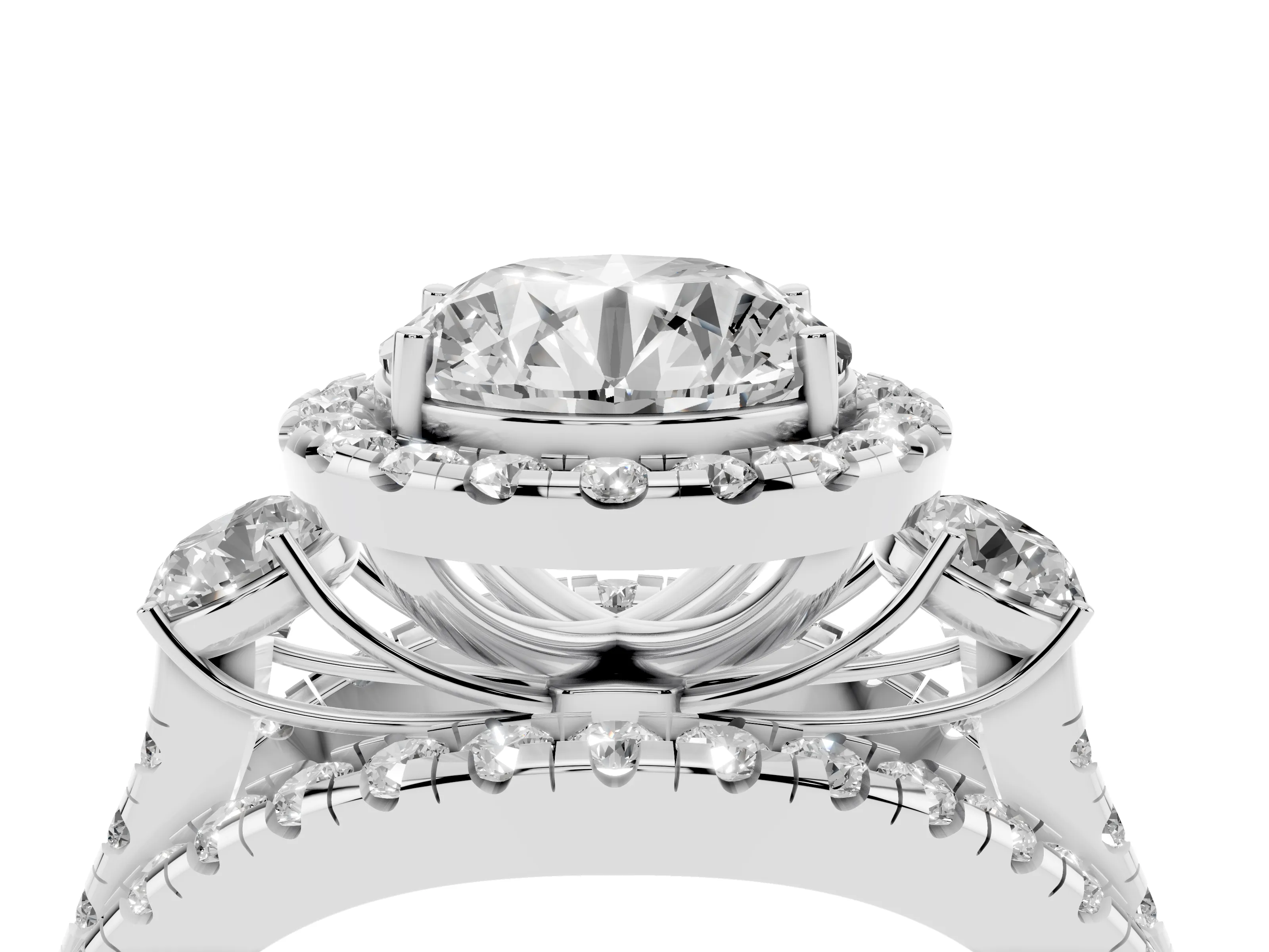 Round Cut Diamond Halo Split Shank Ring Set in Platinum with Round Accent Stones and Prong Setting