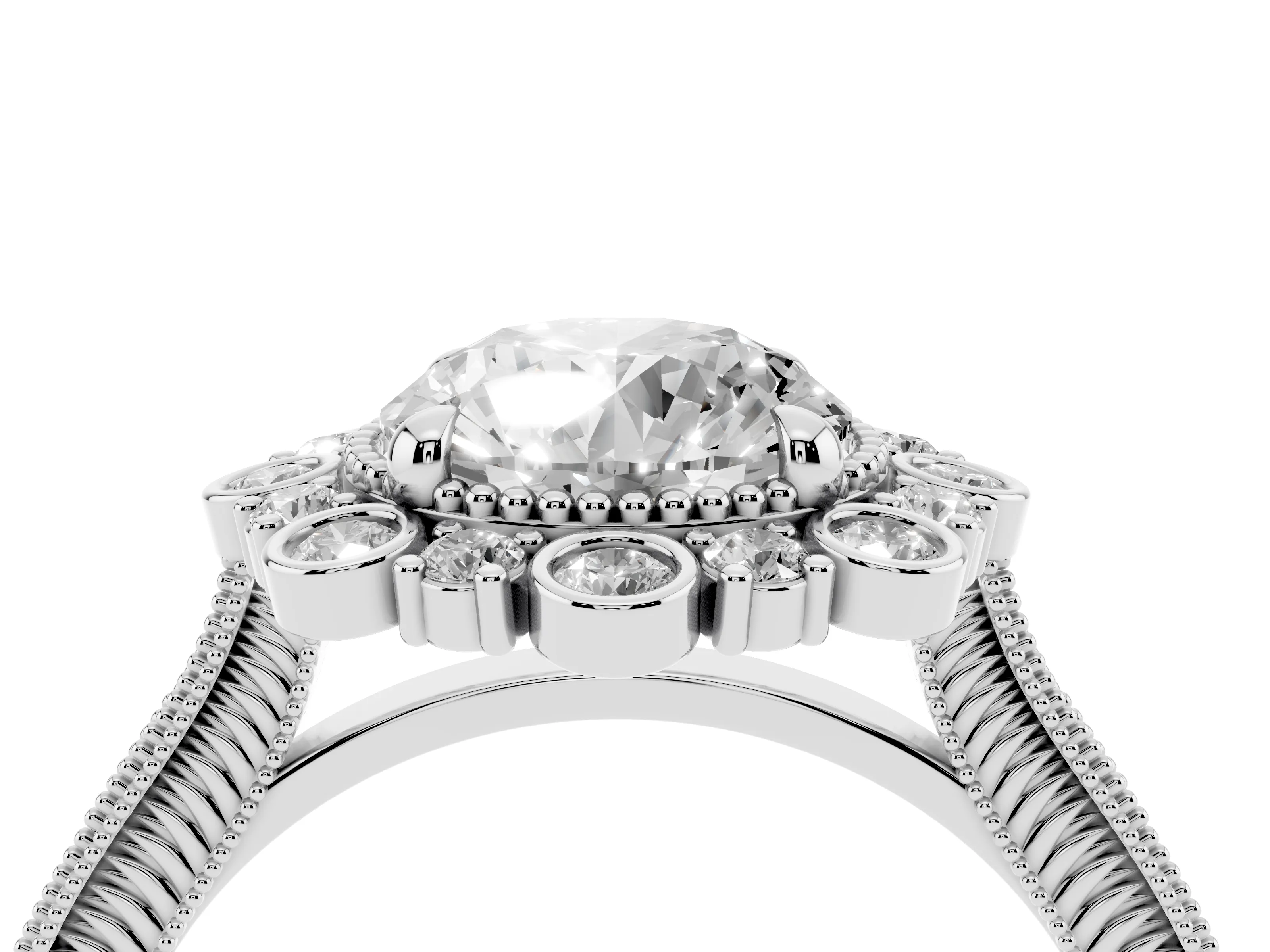 Round Cut Diamond Halo Milgrain Pavé Ring Set in White gold with Prong Setting
