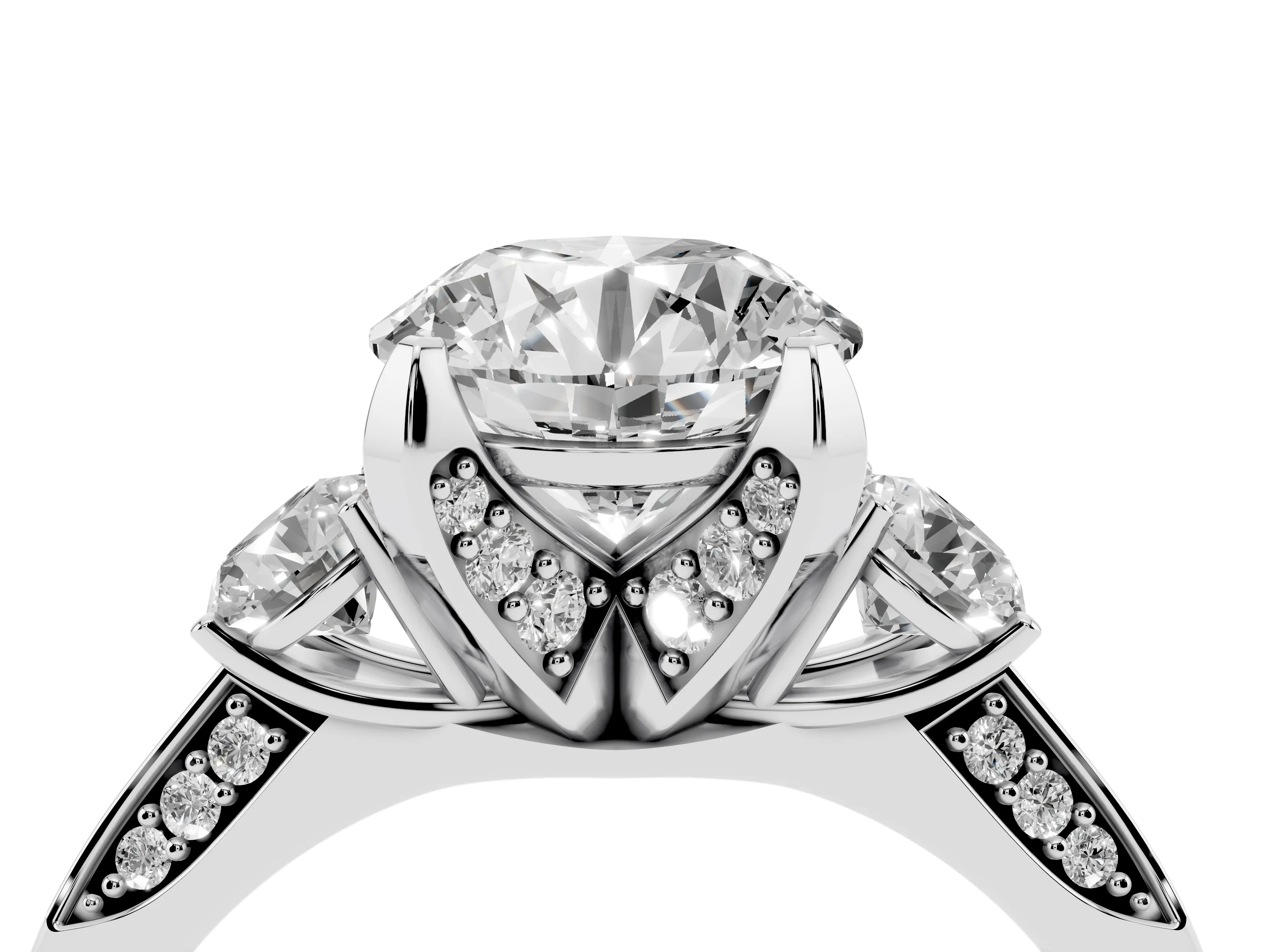 Round Cut Diamond Three-Stone Ring Set in Platinum with Pavé Band and Smaller Side Stones