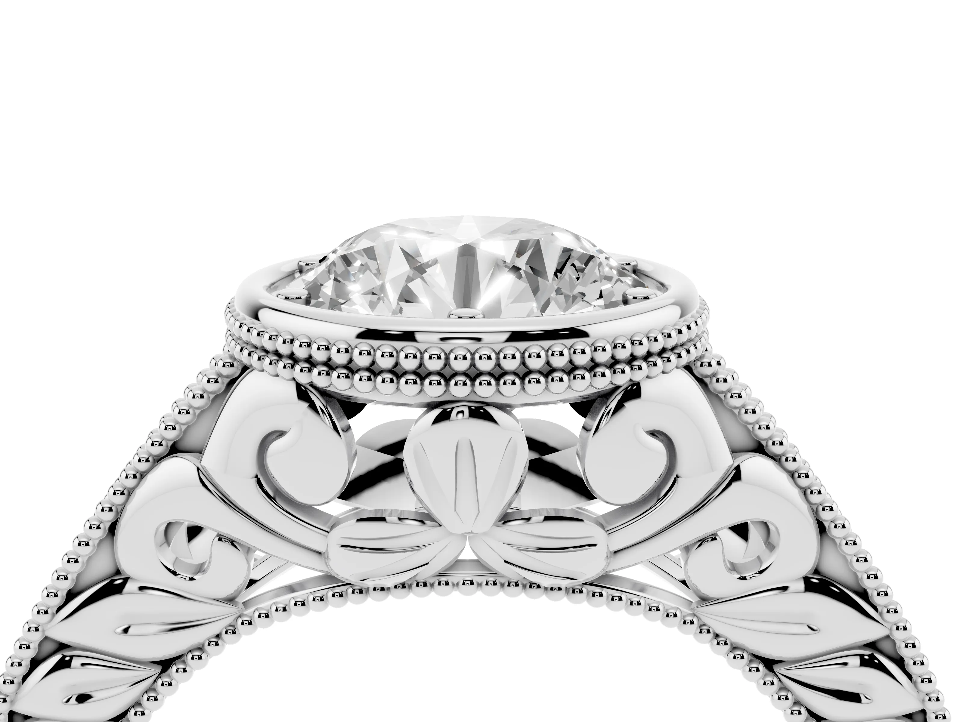 Bezel Set Round Cut Diamond Milgrain Pavé Engagement Ring Set in Silver