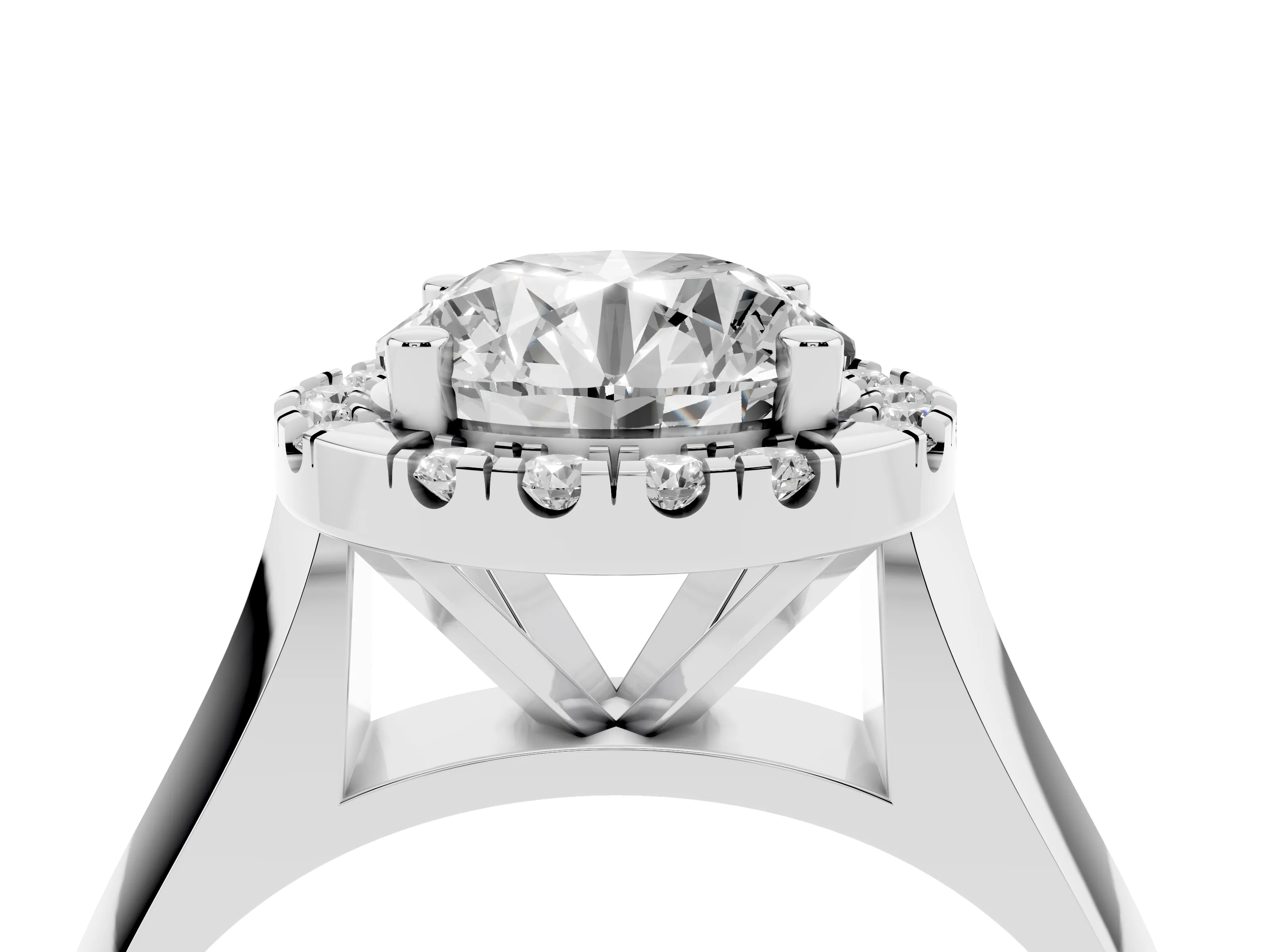 Round Cut Diamond Halo Solitaire Engagement Ring Set in Platinum with Square Band and Prong Setting