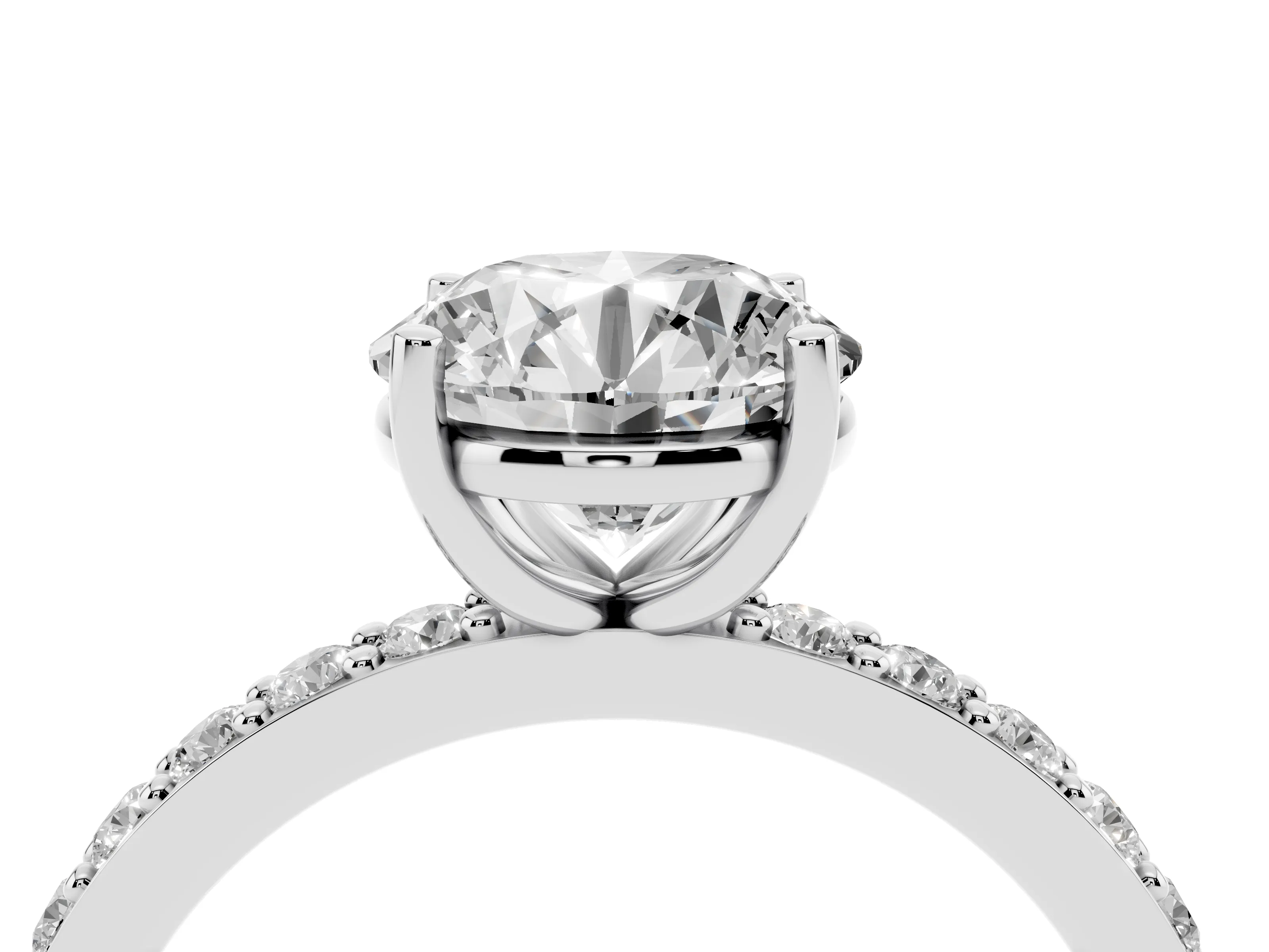 Round Cut Diamond Solitaire Set in Silver with Round Pavé Band and Prong Setting