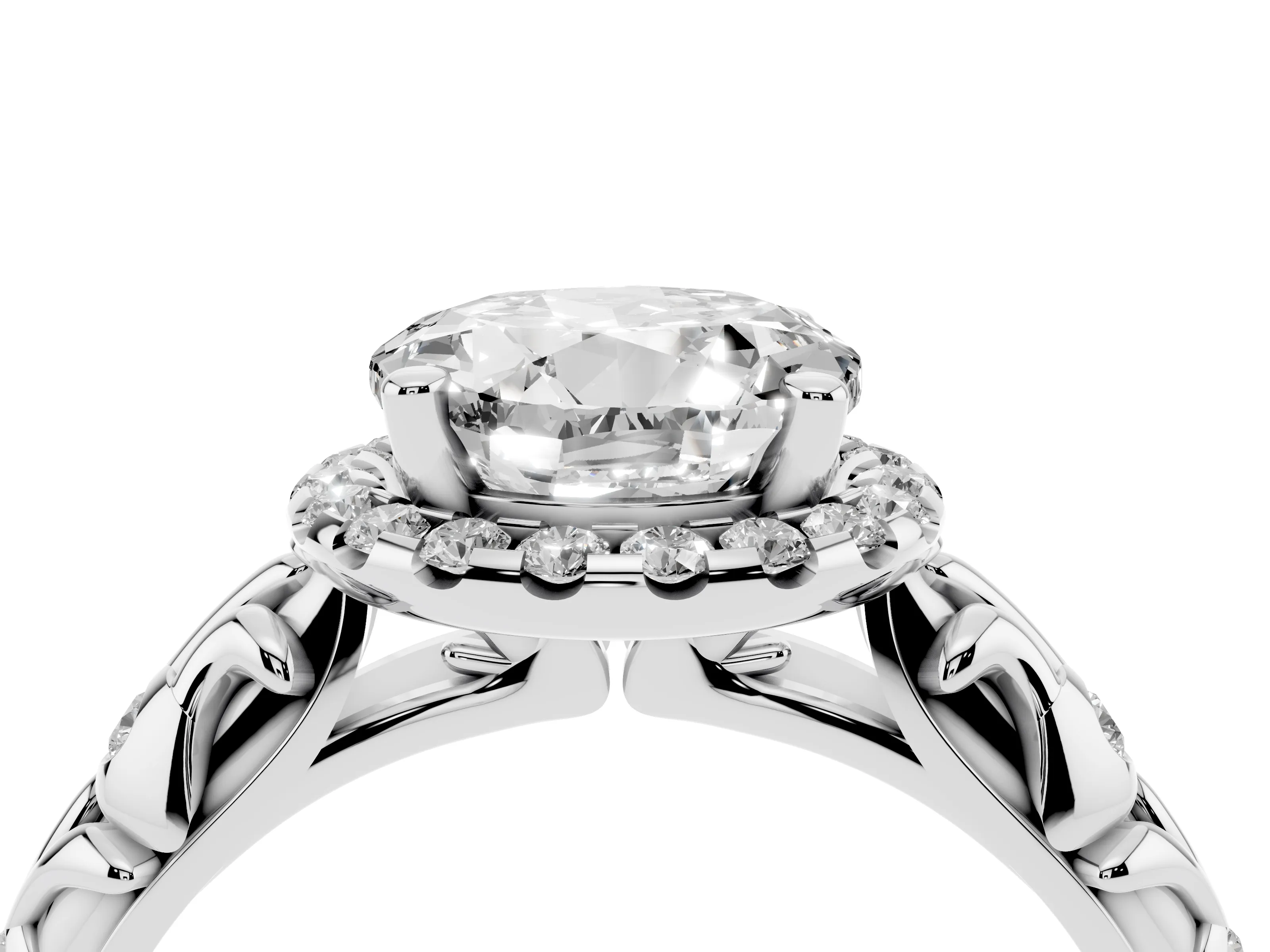 Round Cut Diamond Halo Ring Set in Platinum with Filigree Leaf Band and Prong Setting