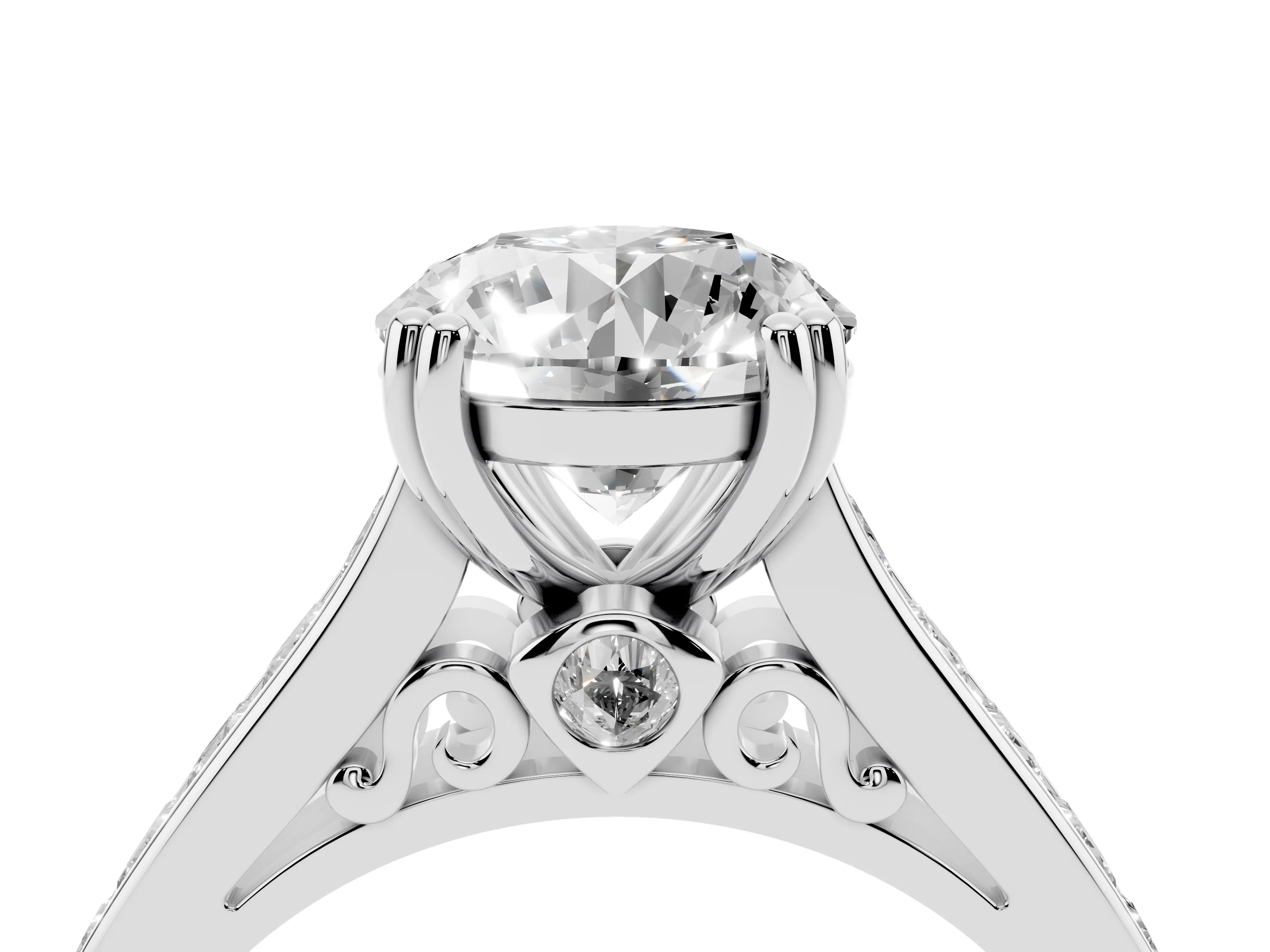 Round Cut Diamond Channel Set Solitaire Engagement Ring Set in Silver with Prong Setting
