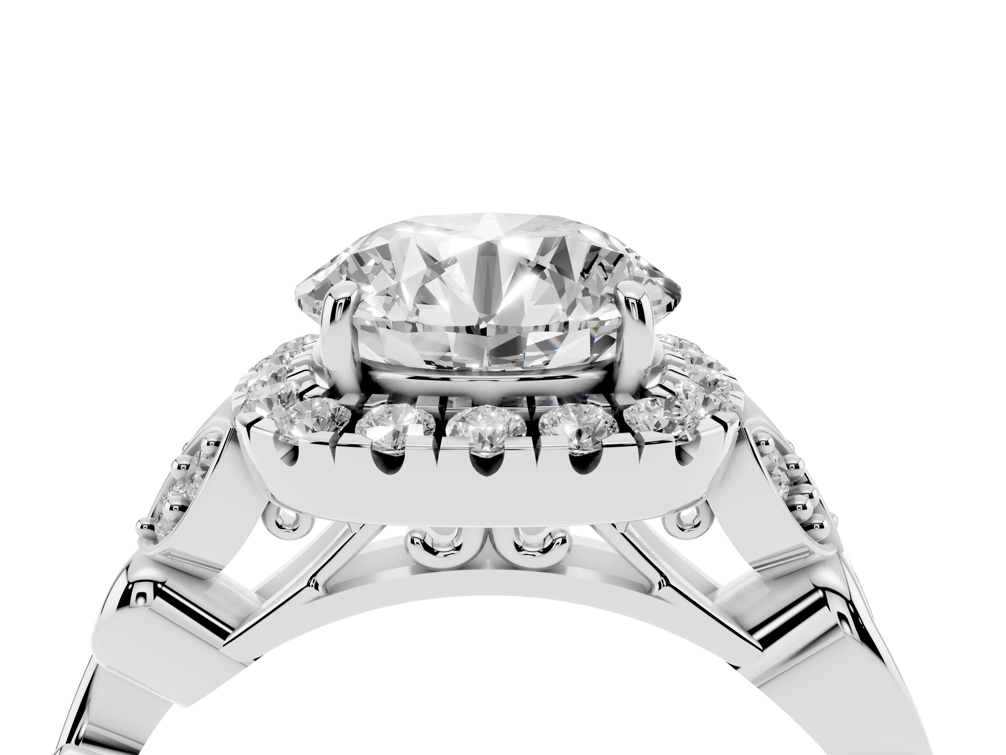 Round Cut Diamond Halo Engagement Ring Set in White gold with Vintage-Inspired Band and Prong Setting
