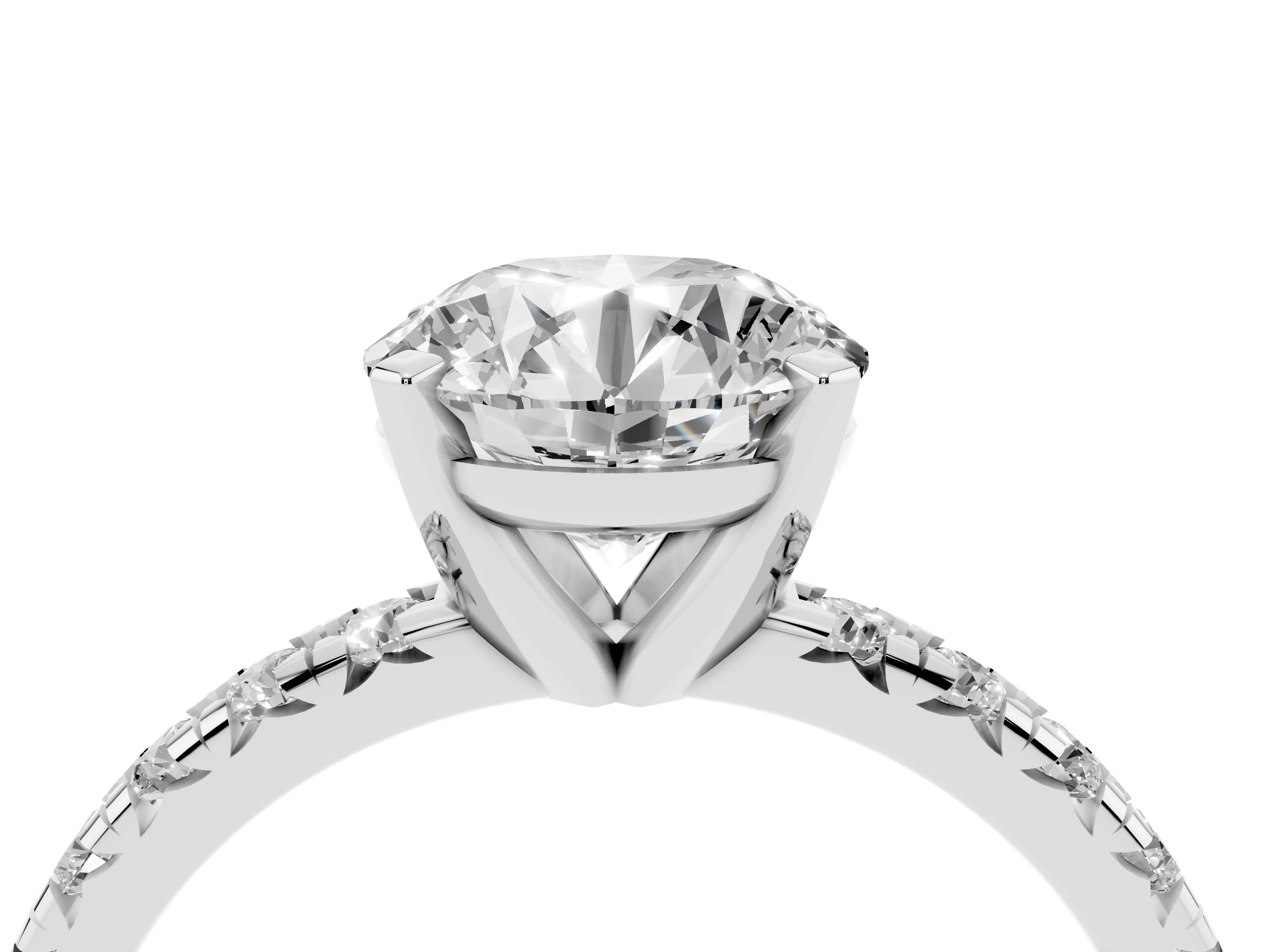 Round Cut Diamond Solitaire Pavé Engagement Ring Set in White gold with Round Band and Prong Setting